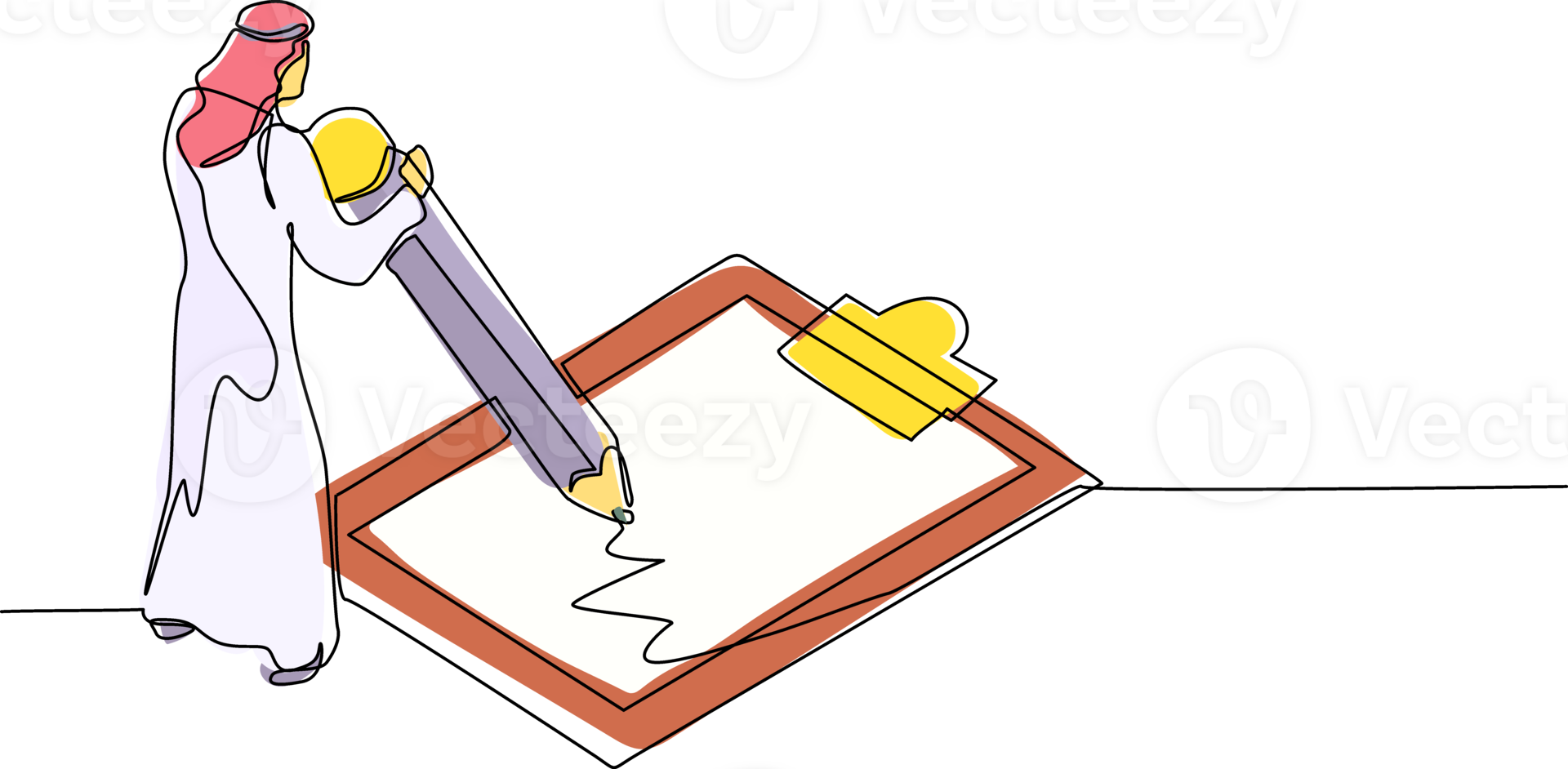 Continuous one line drawing Arab businessman filled out questionnaire. Man standing near big checklist. Male with pencil writes test on clipboard. Single line draw design graphic illustration png