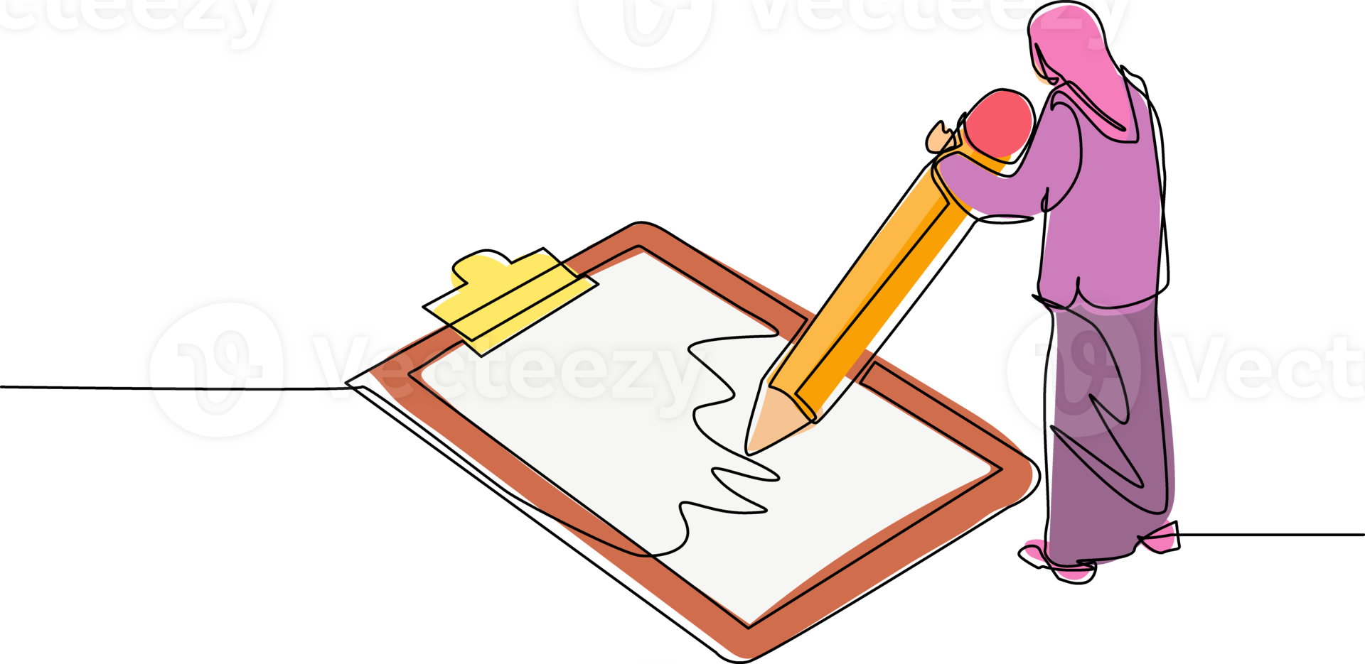 Single one line drawing Arabian businesswoman filled out questionnaire. Woman standing near big checklist. Female with pencil writes test on clipboard. Continuous line draw design illustration png