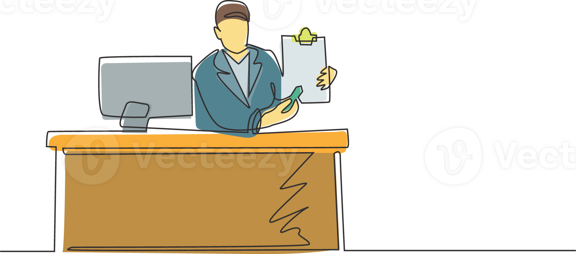 Single one line drawing smiling banking clerk showing bank credit, loan contract or mortgage agreement sitting at desk with computer. Businessman lender. Continuous line draw design graphic png