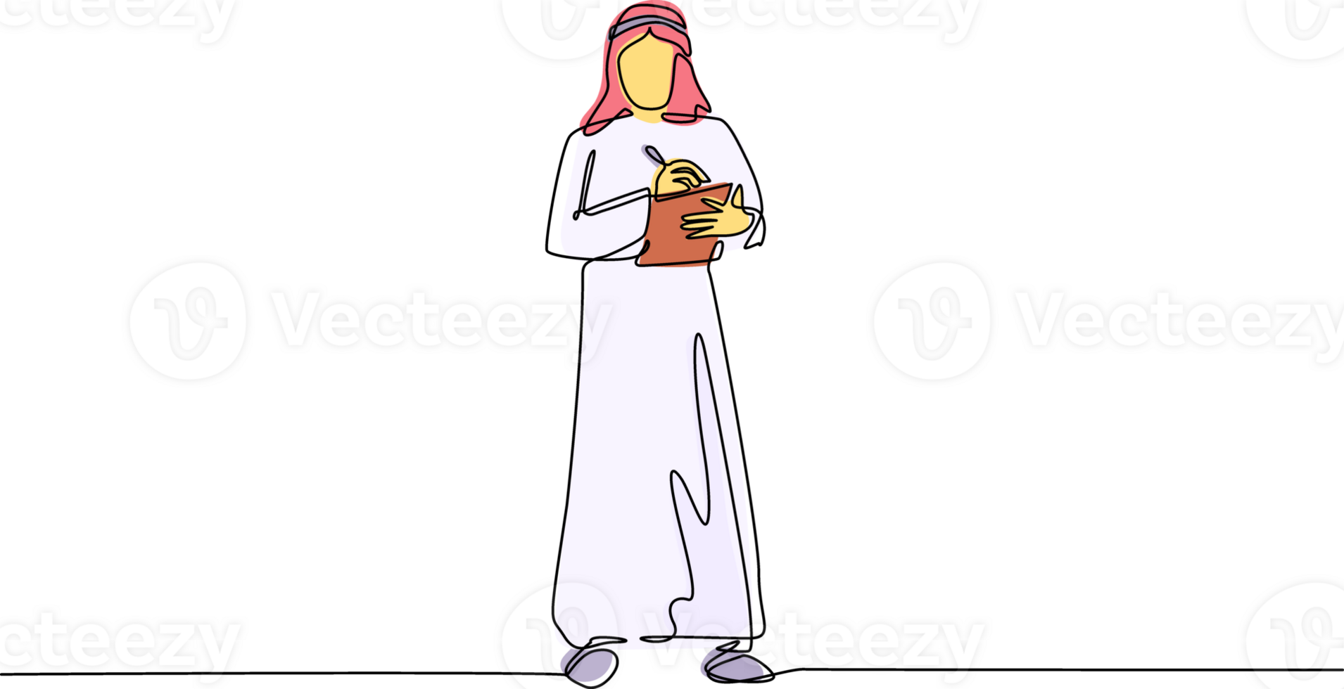 Single continuous line drawing male office secretary writing with clipboard. Arabian man in elegant wear, assisting in paper work. Business workwear trend, city fashion. One line draw design png