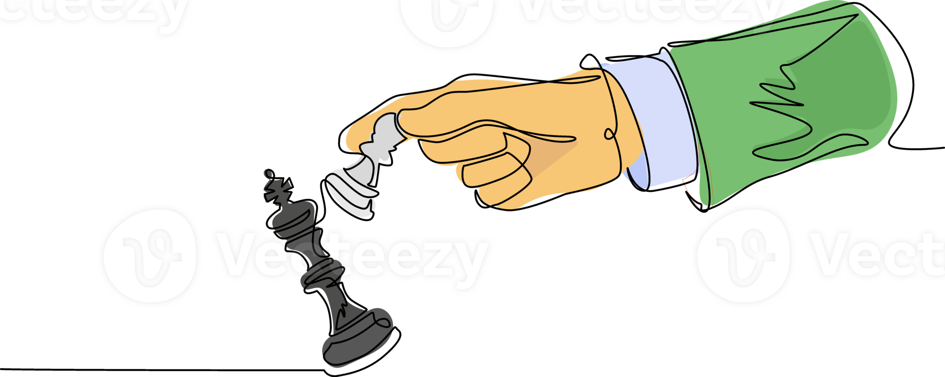 Continuous one line drawing man hand holding chess pawn. Male use pawn chess piece to crash opposite team king figure. Checkmate. Win in chess game. Single line draw design graphic illustration png