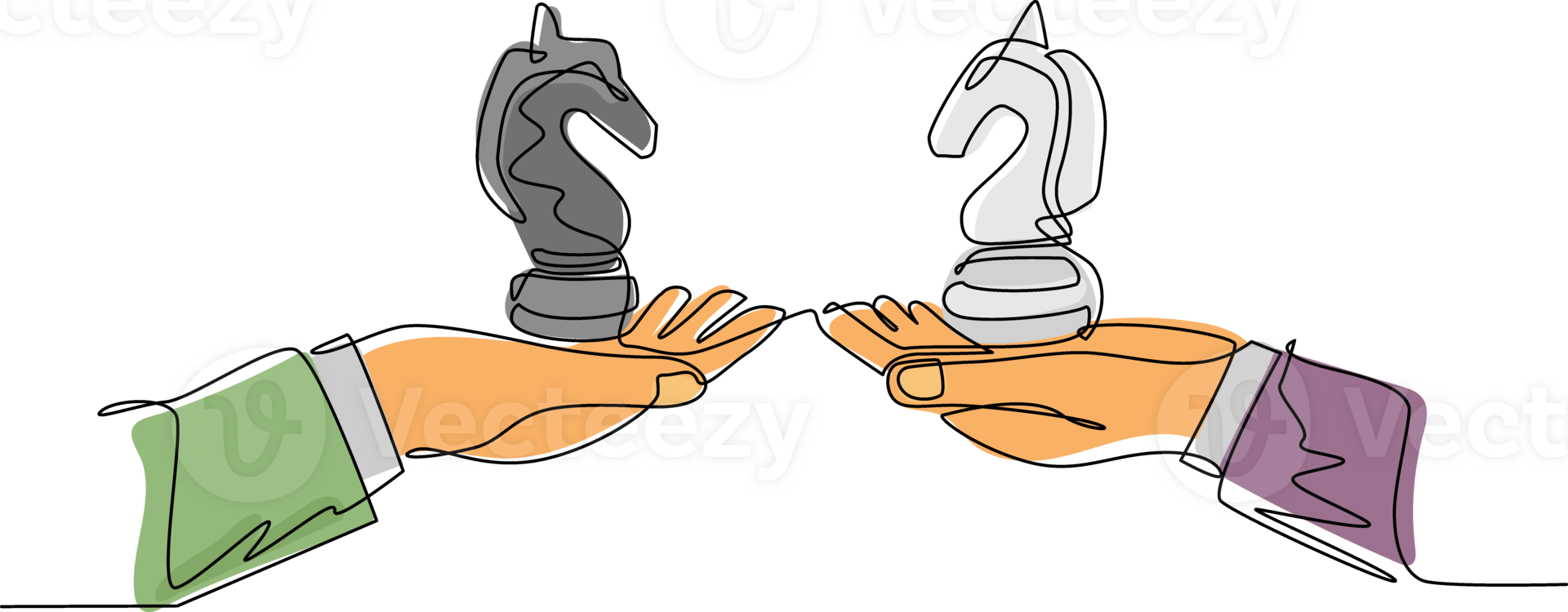 Single one line drawing business concept, of businessman hands, one holding knight chess piece and the other hand too. Strategy and management. Continuous line draw design graphic illustration png