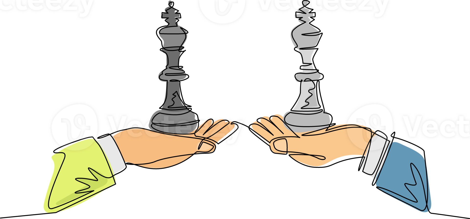 Single one line drawing business concept, of businessman hands, one holding king chess piece and the other hand too. Strategy and management. Continuous line draw design graphic illustration png