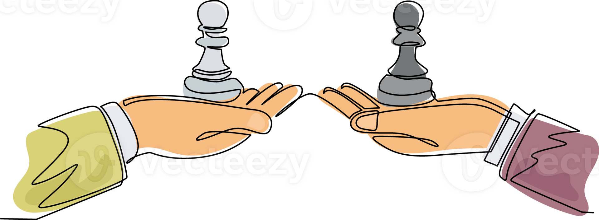 Single one line drawing business concept, of businessman hands, one holding pawn chess piece and the other hand too. Strategy and management. Continuous line draw design graphic illustration png