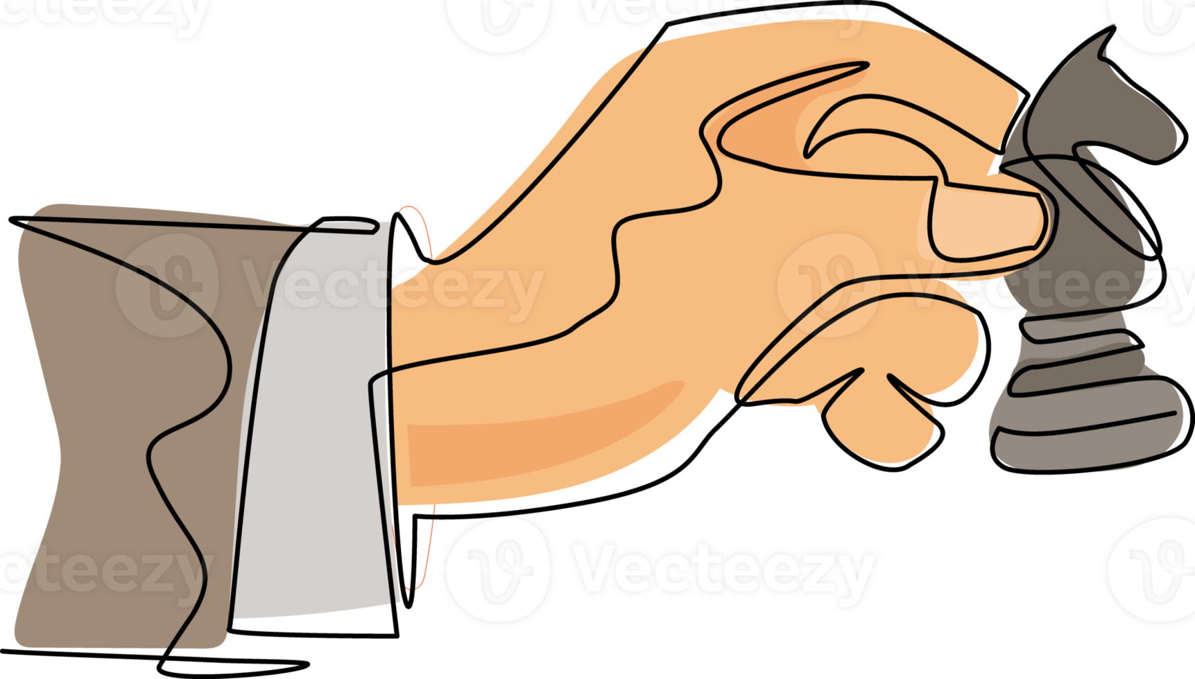 Single continuous line drawing business concept illustration of businessman hand holding chess knight piece, strategy, strategic move concept. Dynamic one line draw graphic design illustration png