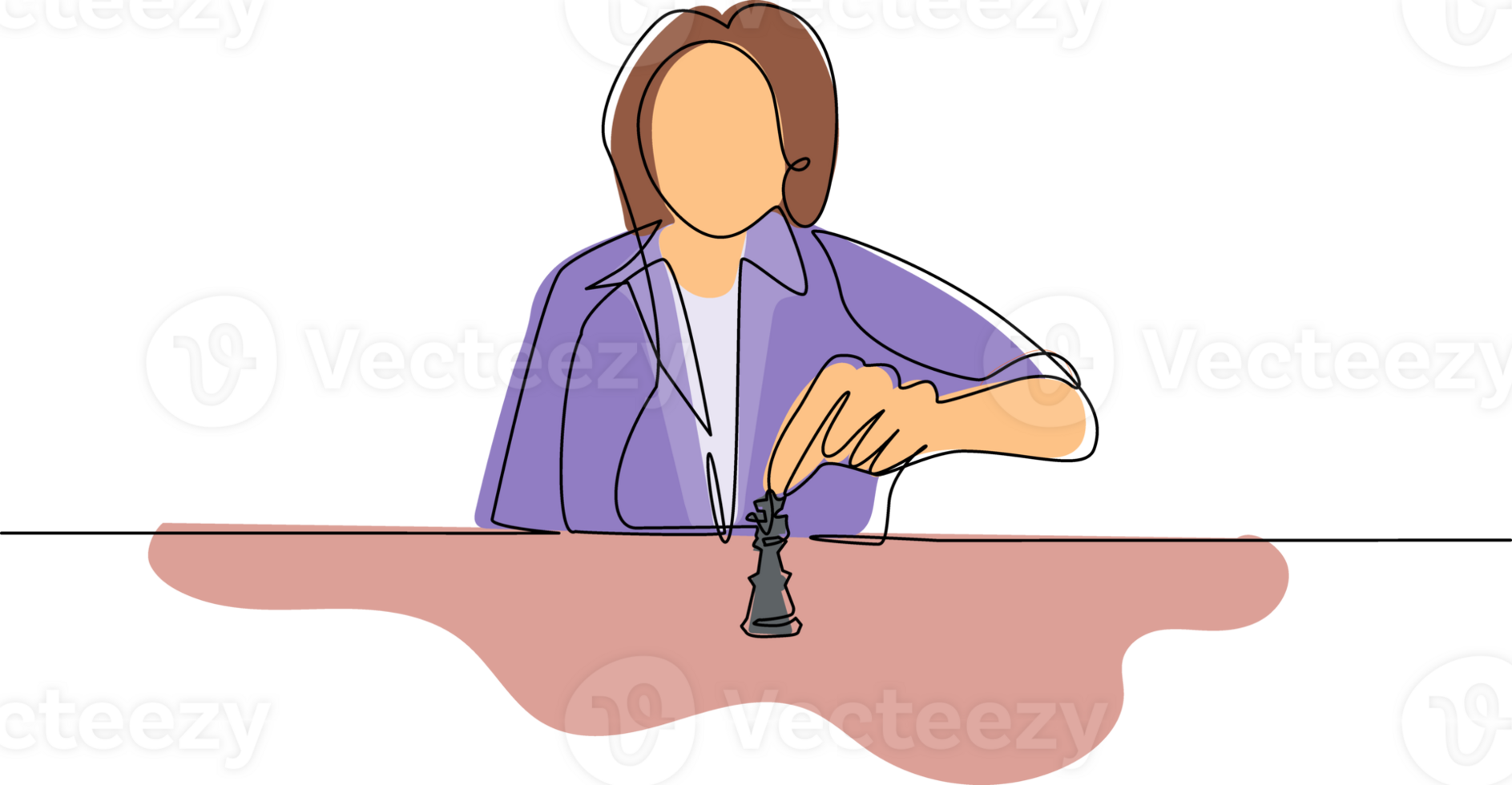 Continuous one line drawing strategy, leadership and management concept. Young cute businesswoman sitting and moving chess figure alone feeling confident. Single line draw design illustration png