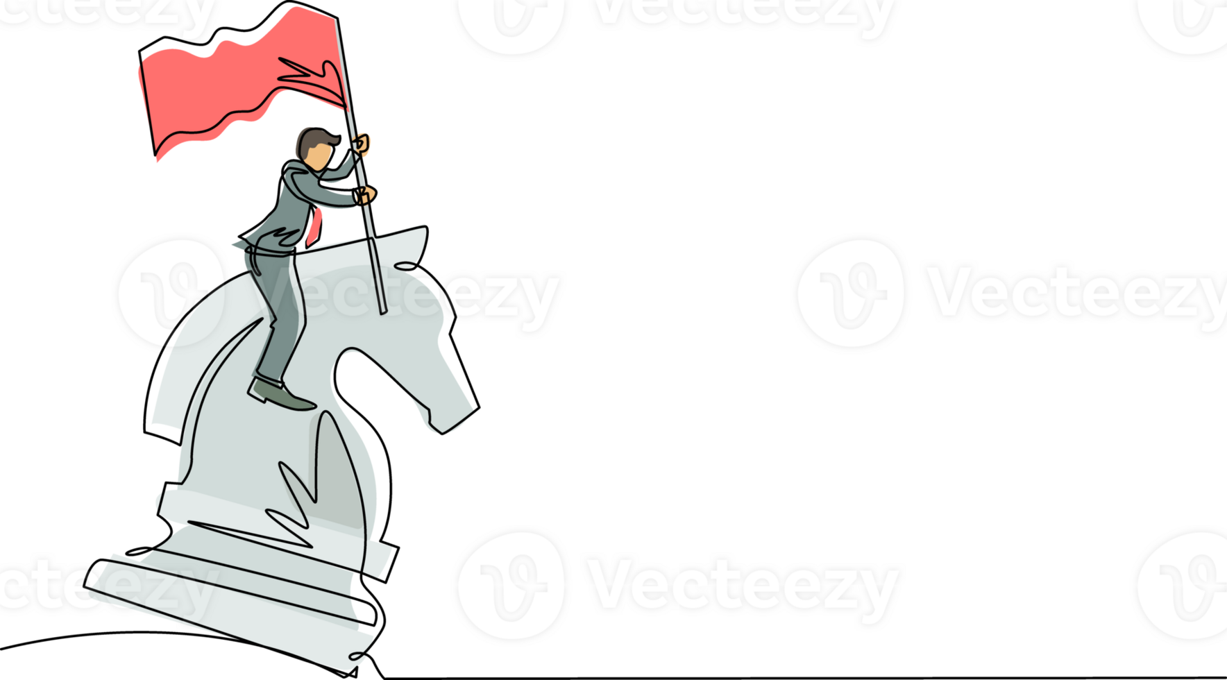 kontinuierlich einer Linie Zeichnung Geschäftsmann Reiten groß Schach Pferd Ritter und halten Flagge, Strategie, wettbewerbsfähig, strategisch Bewegung im Geschäft Konzept. Single Linie zeichnen Design Grafik Illustration png