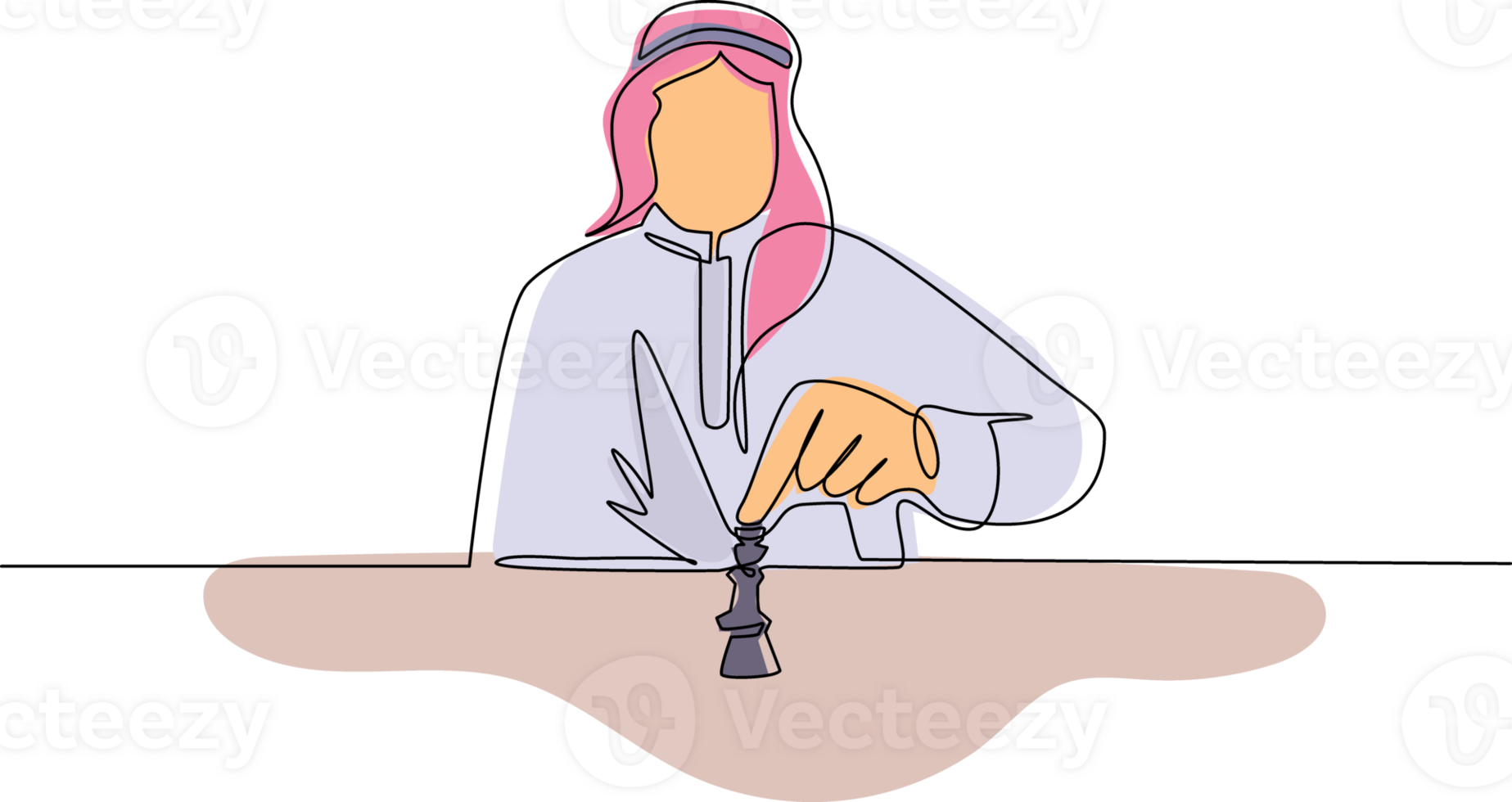 Single one line drawing strategy, leadership and management concept. Young smiling Arab businessman sitting and moving chess figure alone feeling confident. Continuous line draw design graphic png