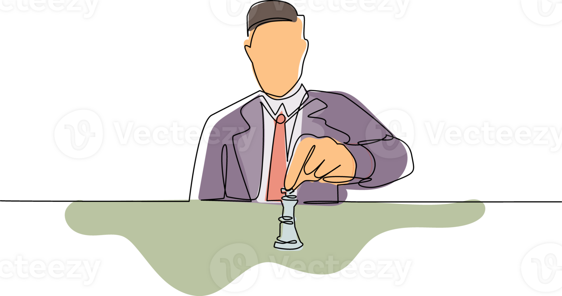 Continuous one line drawing strategy, leadership and management concept. Young smiling businessman sitting and moving chess figure alone feeling confident. Single line draw design illustration png