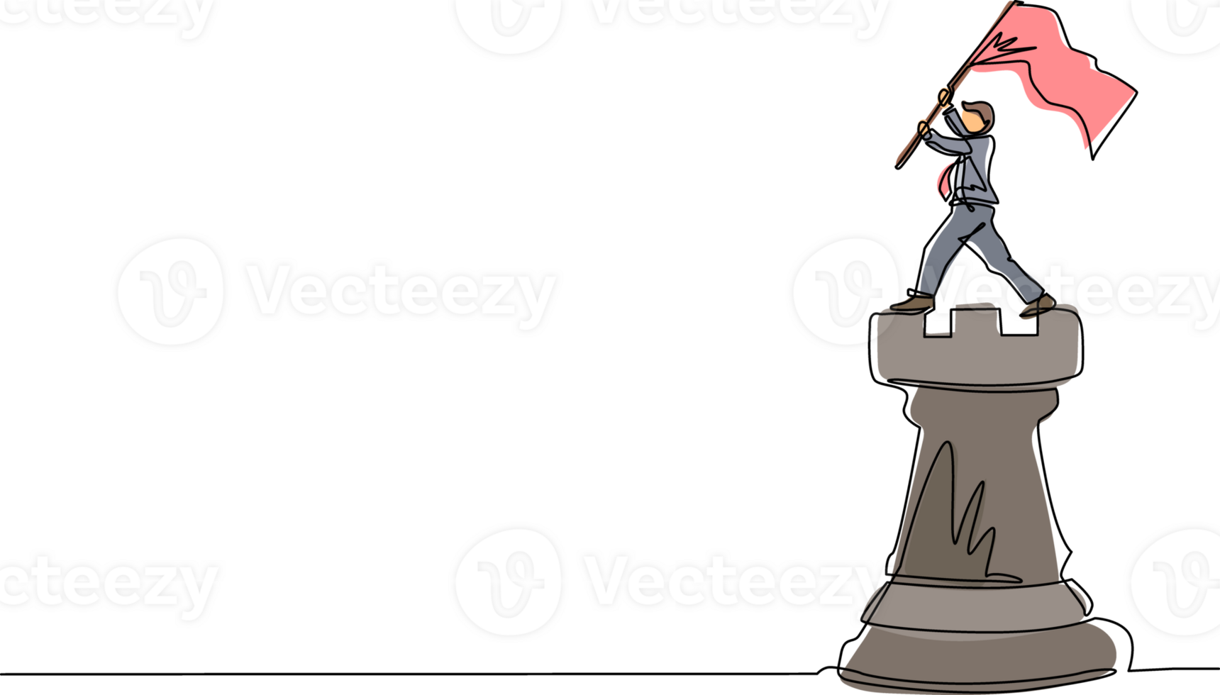 Single continuous line drawing businessman standing on top of big rook chess and waving a flag. Leader success concept. Successful business strategy. One line draw graphic design illustration png
