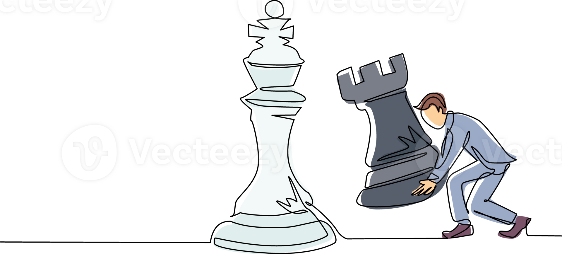 Continuous one line drawing businessman holding rook chess piece to beat king chess. Strategic planning, business development strategy, tactics in entrepreneurship. Single line draw design png