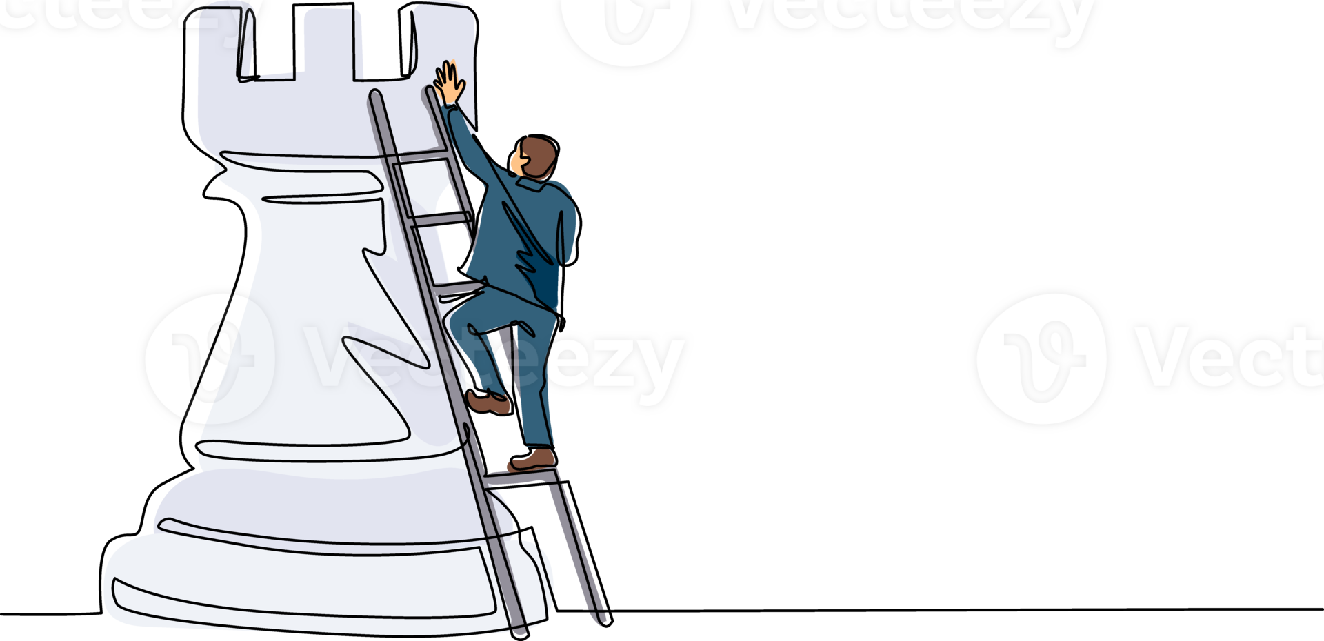 Single continuous line drawing businessman climb huge rook chess piece with ladder. Business strategy and marketing plan. Strategic move in business concept. One line draw design illustration png