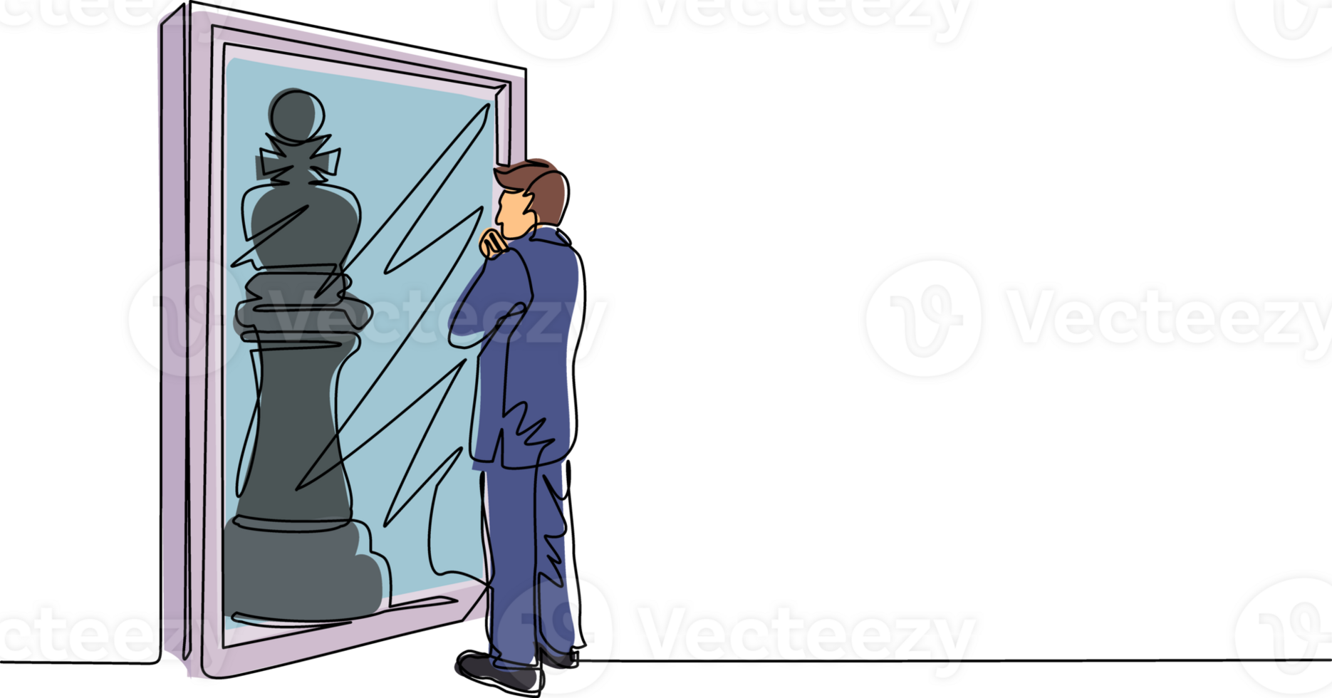 Continuous one line drawing businessman standing in front of mirror, reflecting chess king. Metaphor of confidence. Success, opportunities concept. Single line draw design graphic illustration png