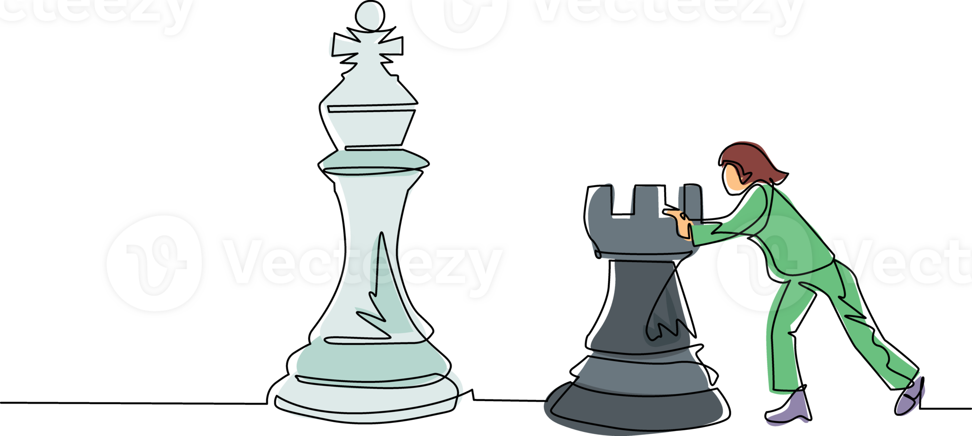Single continuous line drawing cute businesswoman push huge rook chess piece. Business strategy and marketing plan. Strategic move in business concept. One line draw graphic design illustration png