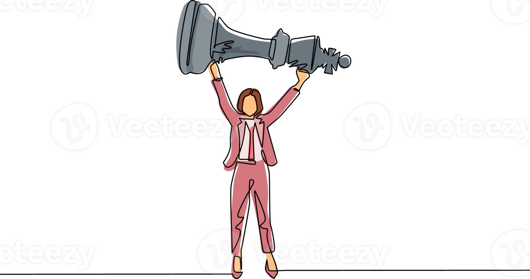 contínuo 1 linha desenhando fofa empresária contenção, elevação rei xadrez pedaço. bem sucedido empreendedorismo táticas ou estratégia, superioridade dentro negócios. solteiro linha desenhar Projeto ilustração png