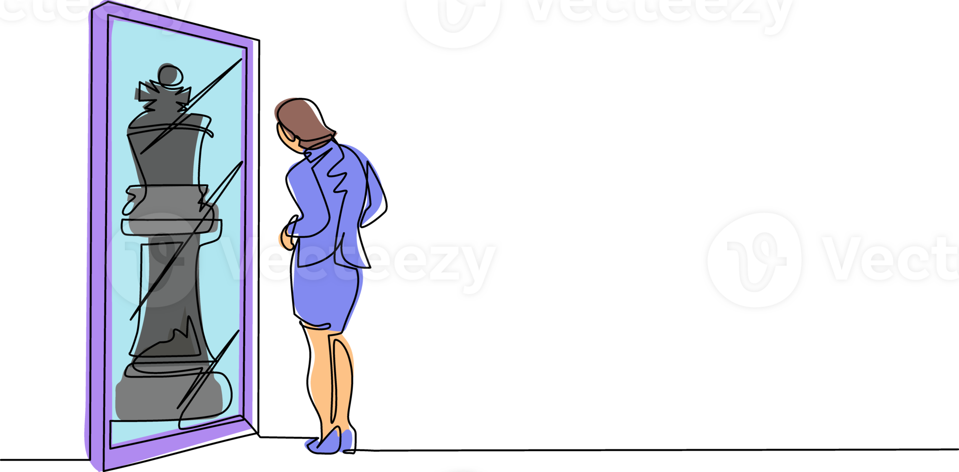Single one line drawing pretty businesswoman standing in front of mirror, reflecting chess king. Metaphor of confidence. Success, opportunities concept. Continuous line draw design illustration png