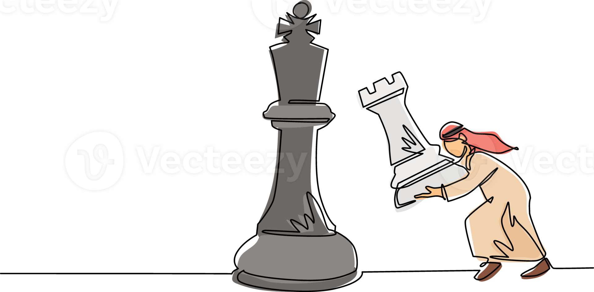 Single continuous line drawing Arab businessman holding rook chess piece to beat king chess. Strategic planning, business development strategy, tactics in entrepreneurship. One line draw design png