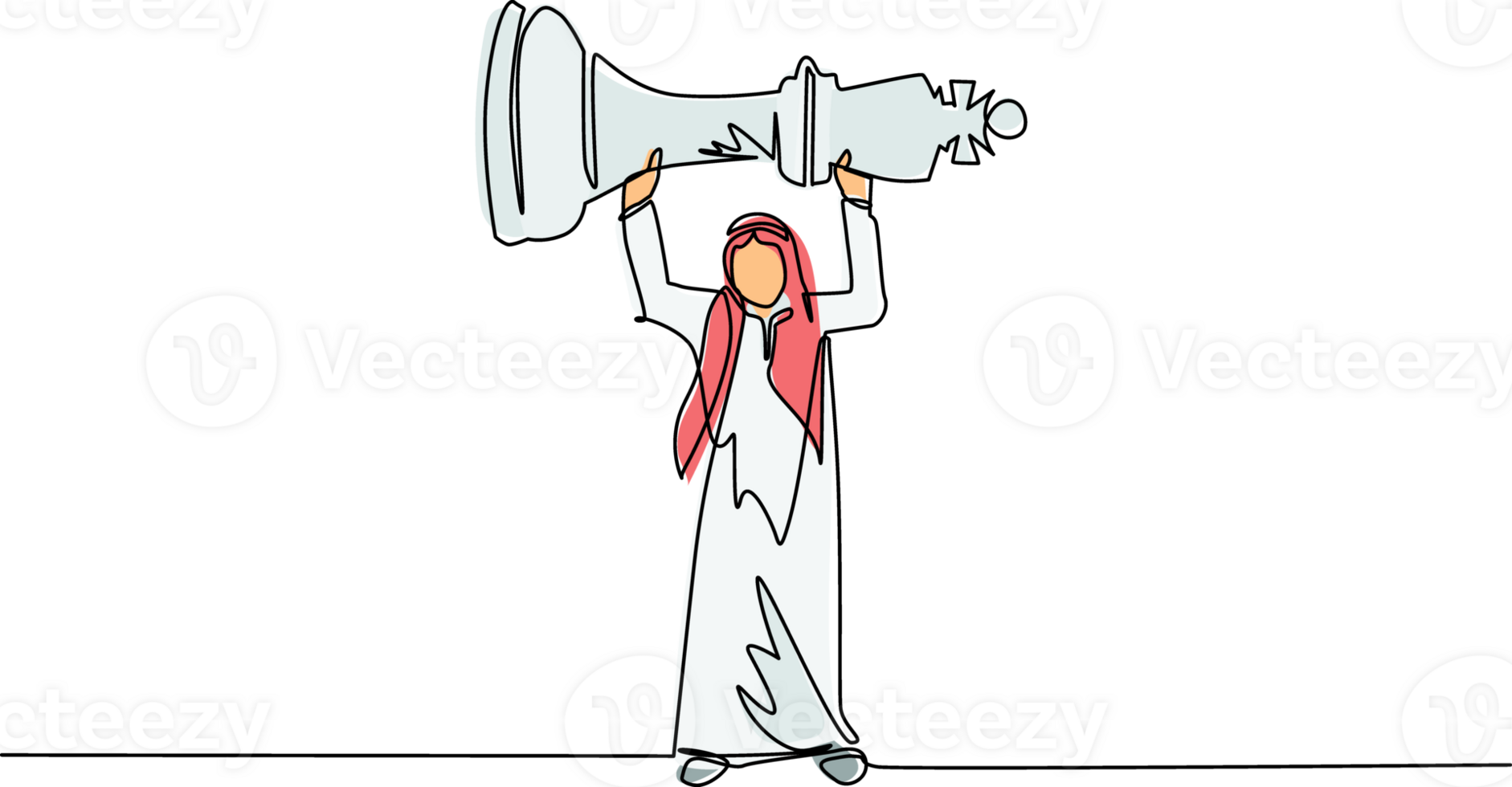 Single continuous line drawing Arabian businessman holding, lifting king chess piece. Successful entrepreneurship tactics or strategy, superiority in business. One line draw design illustration png