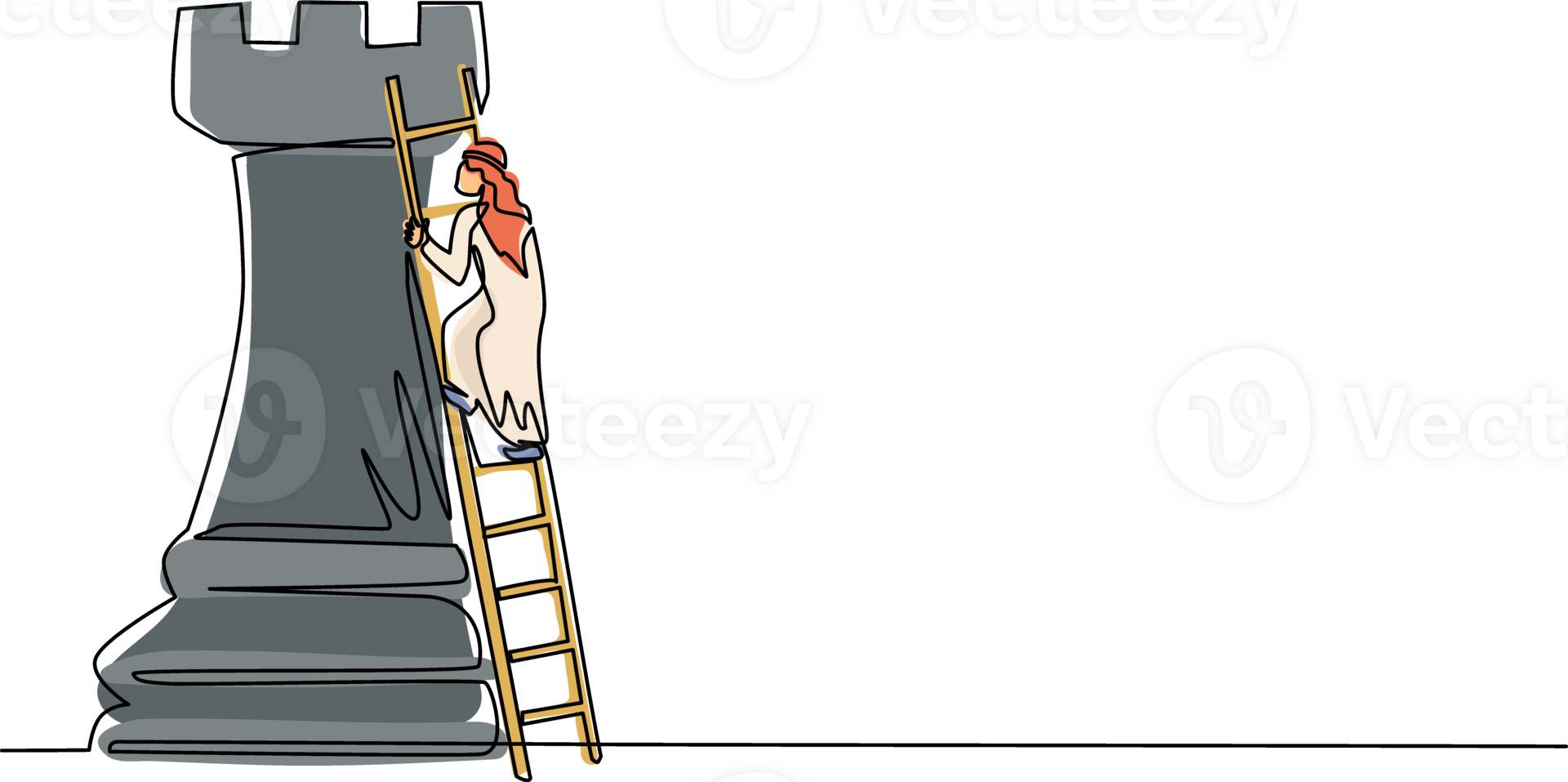 Single one line drawing Arabic businessman climb huge rook chess piece with ladder. Business strategy and marketing plan. Strategic move in business concept. Continuous line draw design graphic png