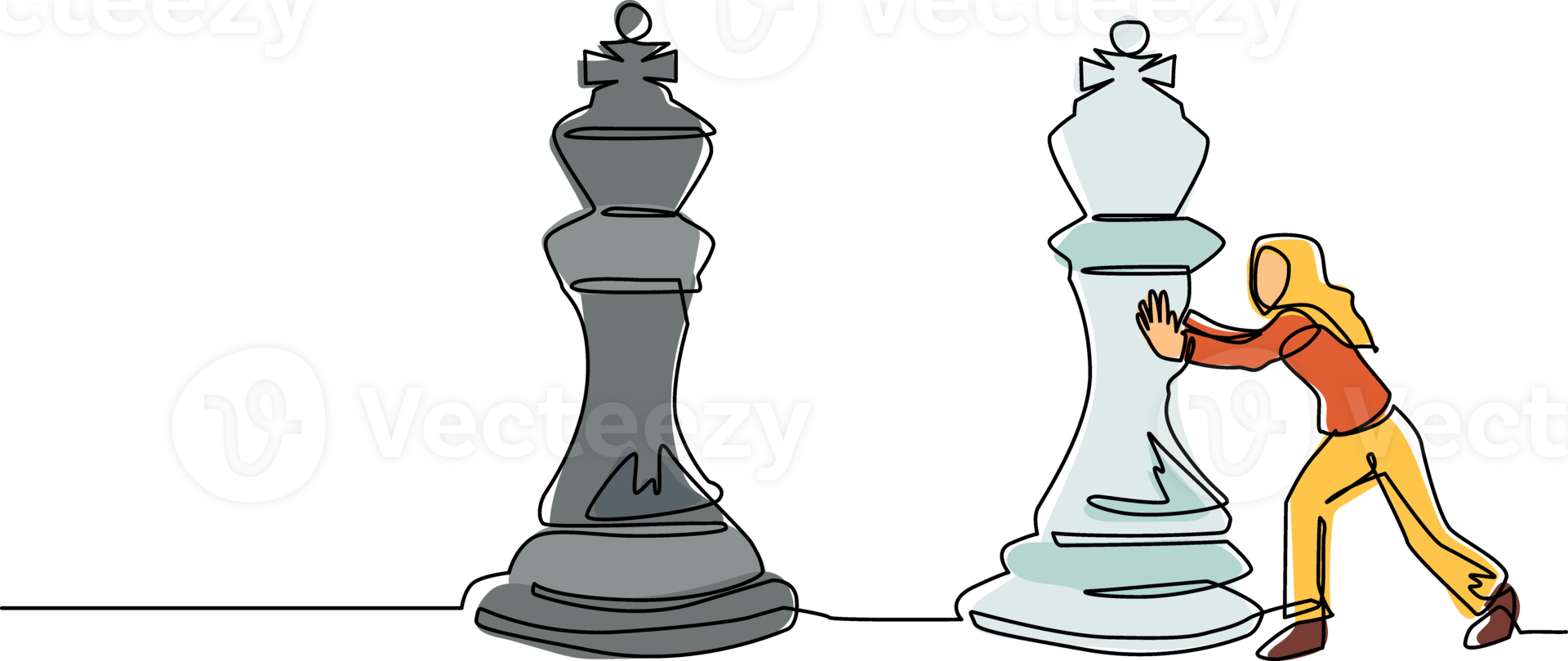 Single one line drawing Arab businesswoman push huge king chess piece. Business strategy and marketing plan. Strategic move in business concept. Continuous line draw design graphic illustration png