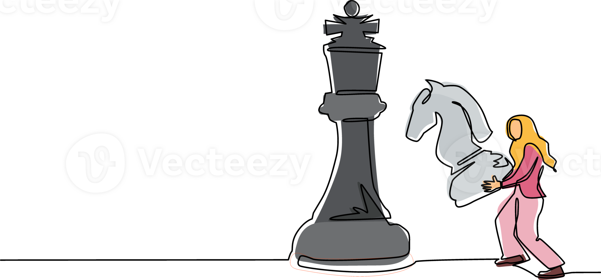 Continuous one line drawing Arab businesswoman holding knight chess piece to beat king chess. Strategic planning, business development strategy, tactic entrepreneurship. Single line draw design png