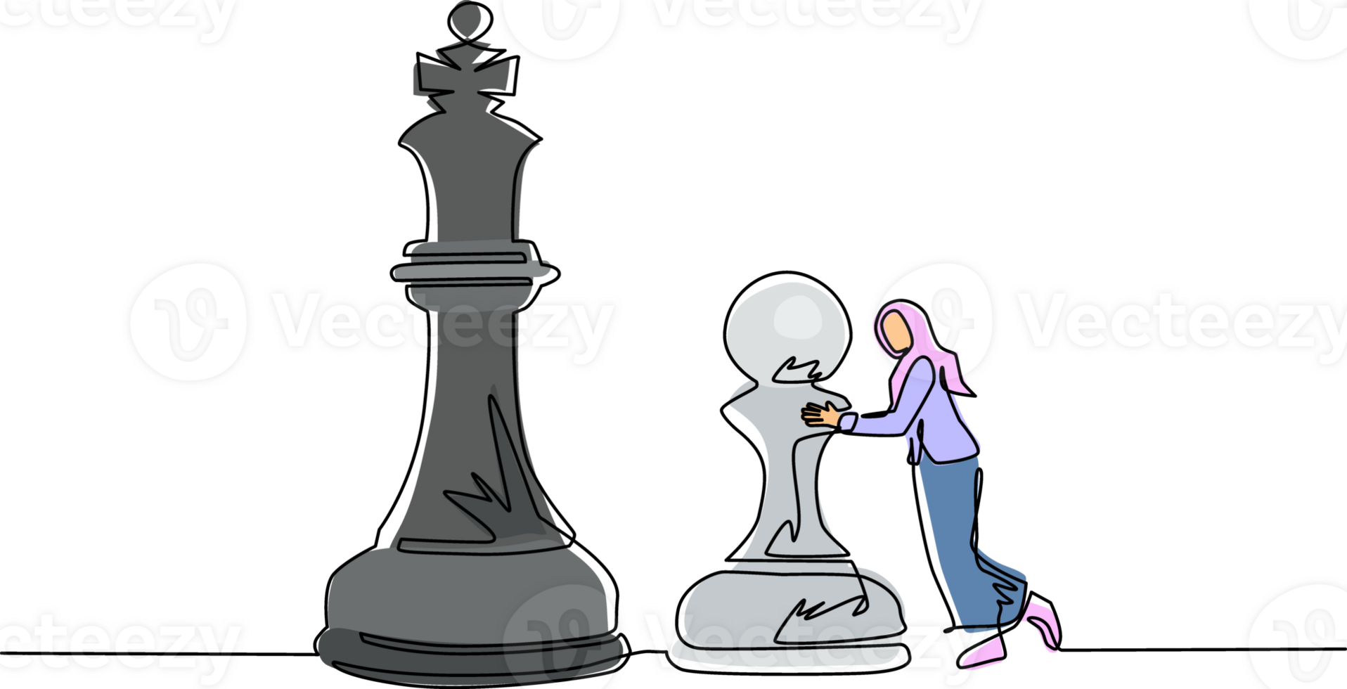 Single continuous line drawing Arab businesswoman push huge pawn chess piece. Business strategy and marketing plan. Strategic move in business concept. One line draw graphic design illustration png