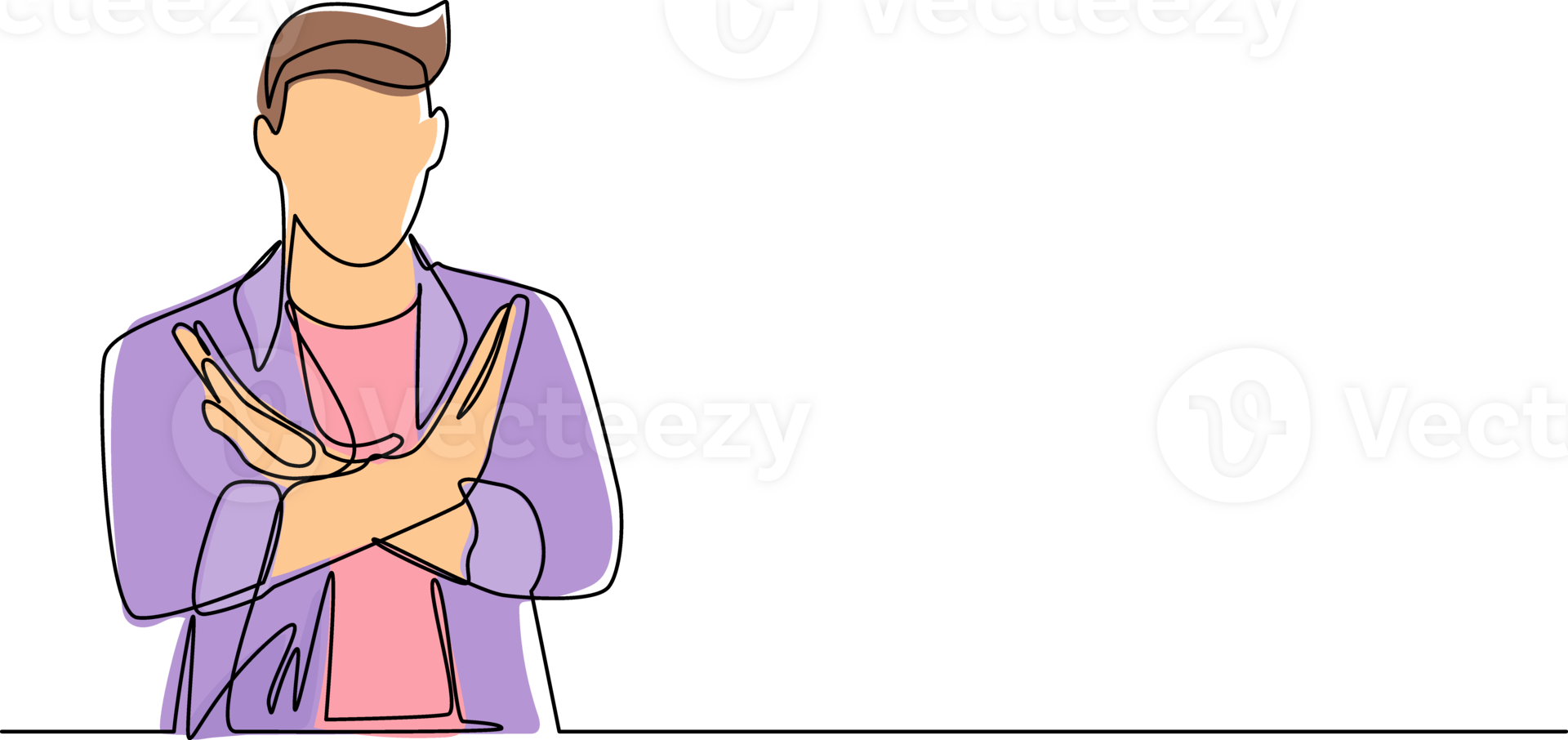 Continuous one line drawing young man crossing arms and saying no gesture. Person making X shape, stop sign with hands and negative expression. Single line draw design graphic illustration png