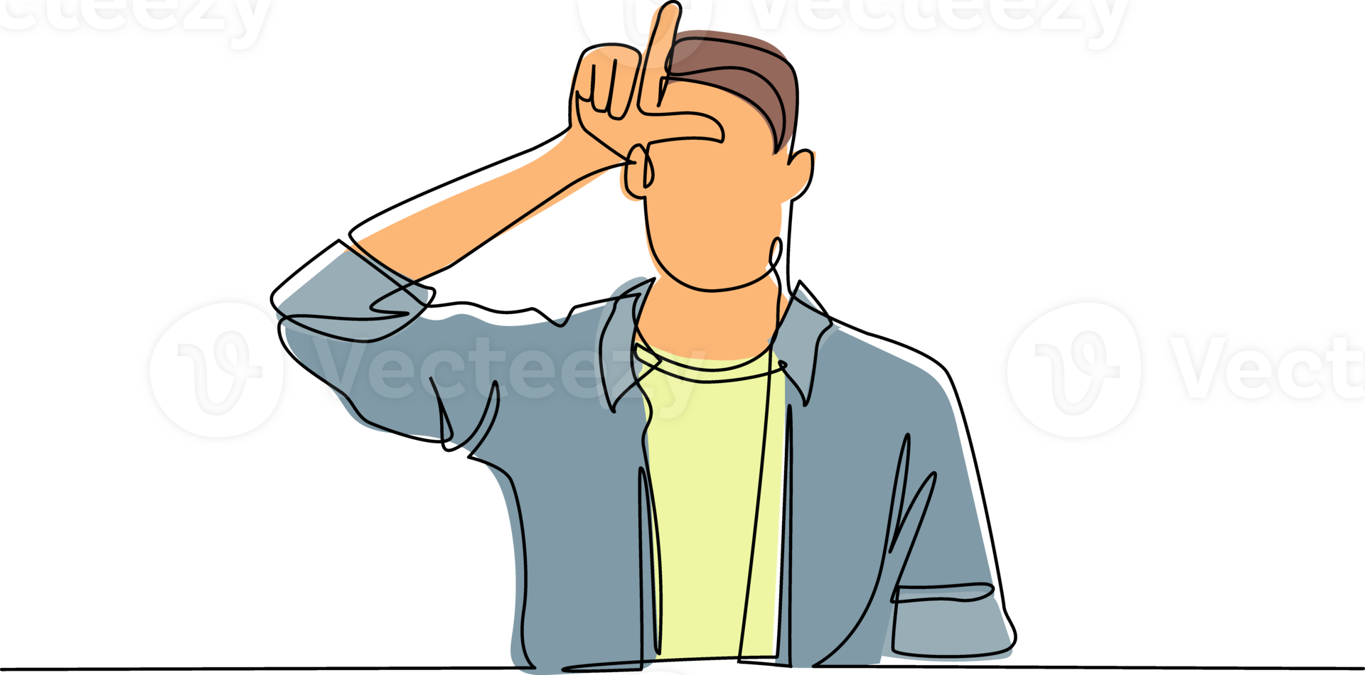 Single continuous line drawing unhappy man showing loser sign on forehead with fingers. Stressed trendy person gesturing hand over head. Male making 'L' symbol. One line draw graphic design png