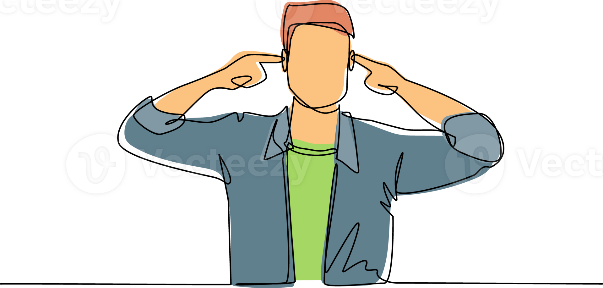 Continuous one line drawing man covering ears with fingers with annoyed expression for the noise of loud sound or music while eyes closed standing in white background. Single line draw design png