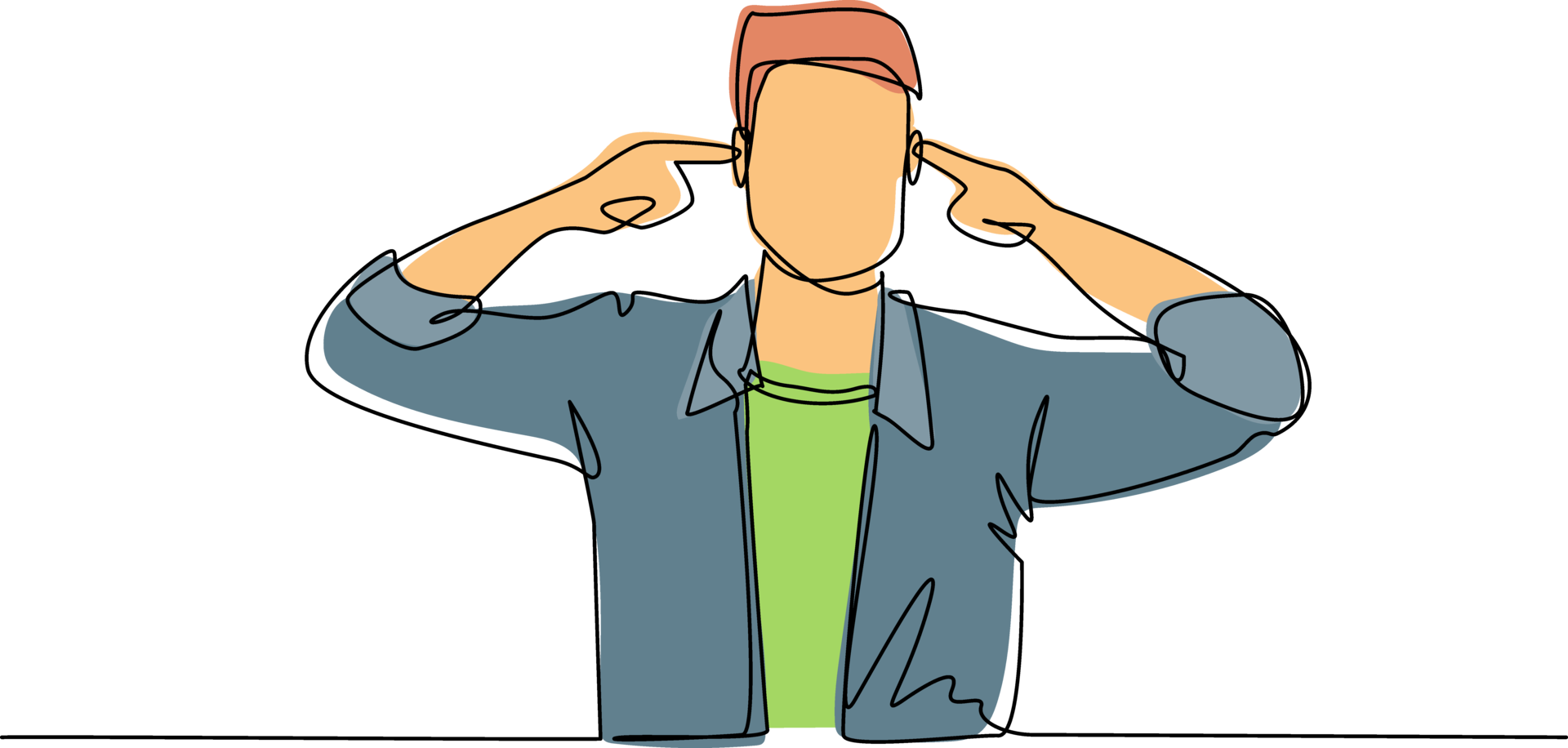 Continuous one line drawing man covering ears with fingers with annoyed