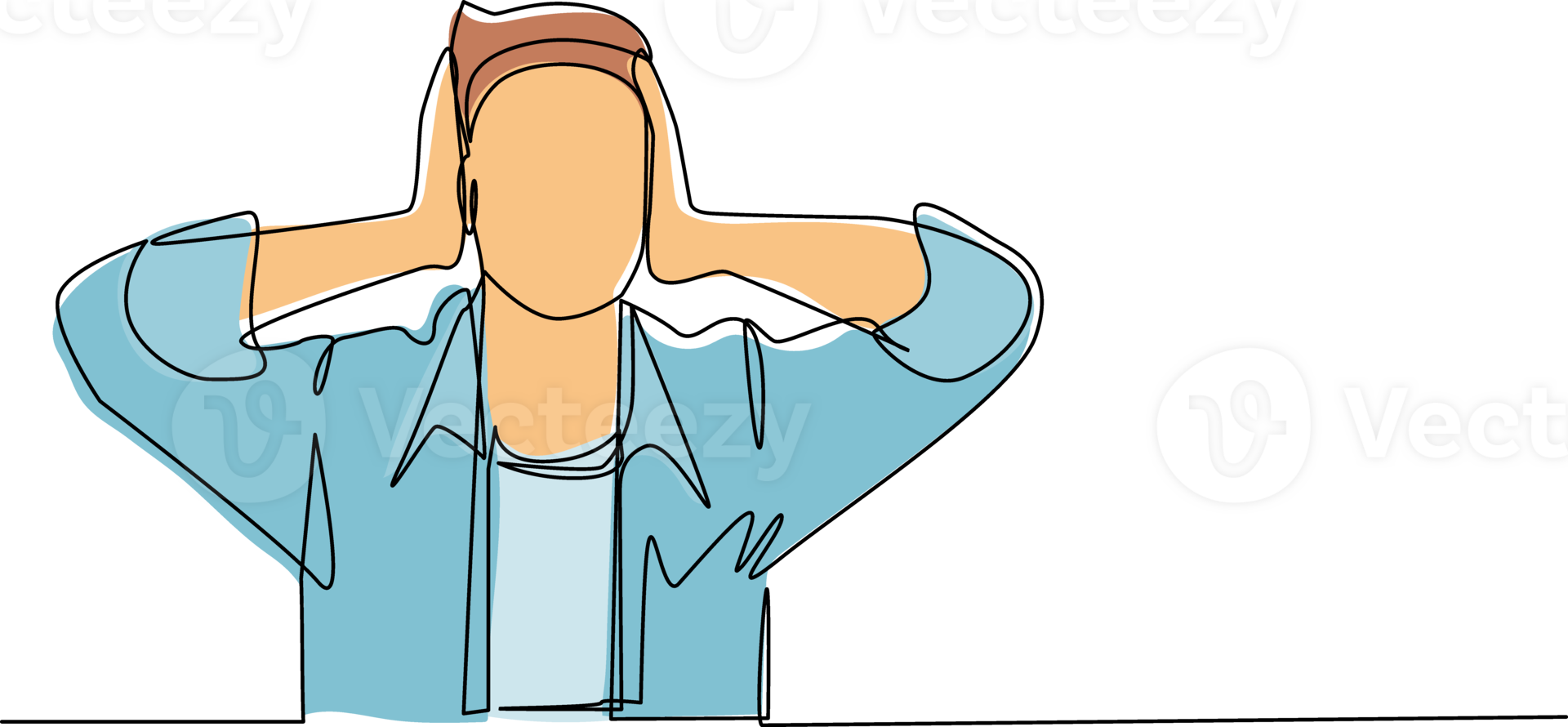 Continuous one line drawing man covering or closing his ears with hands