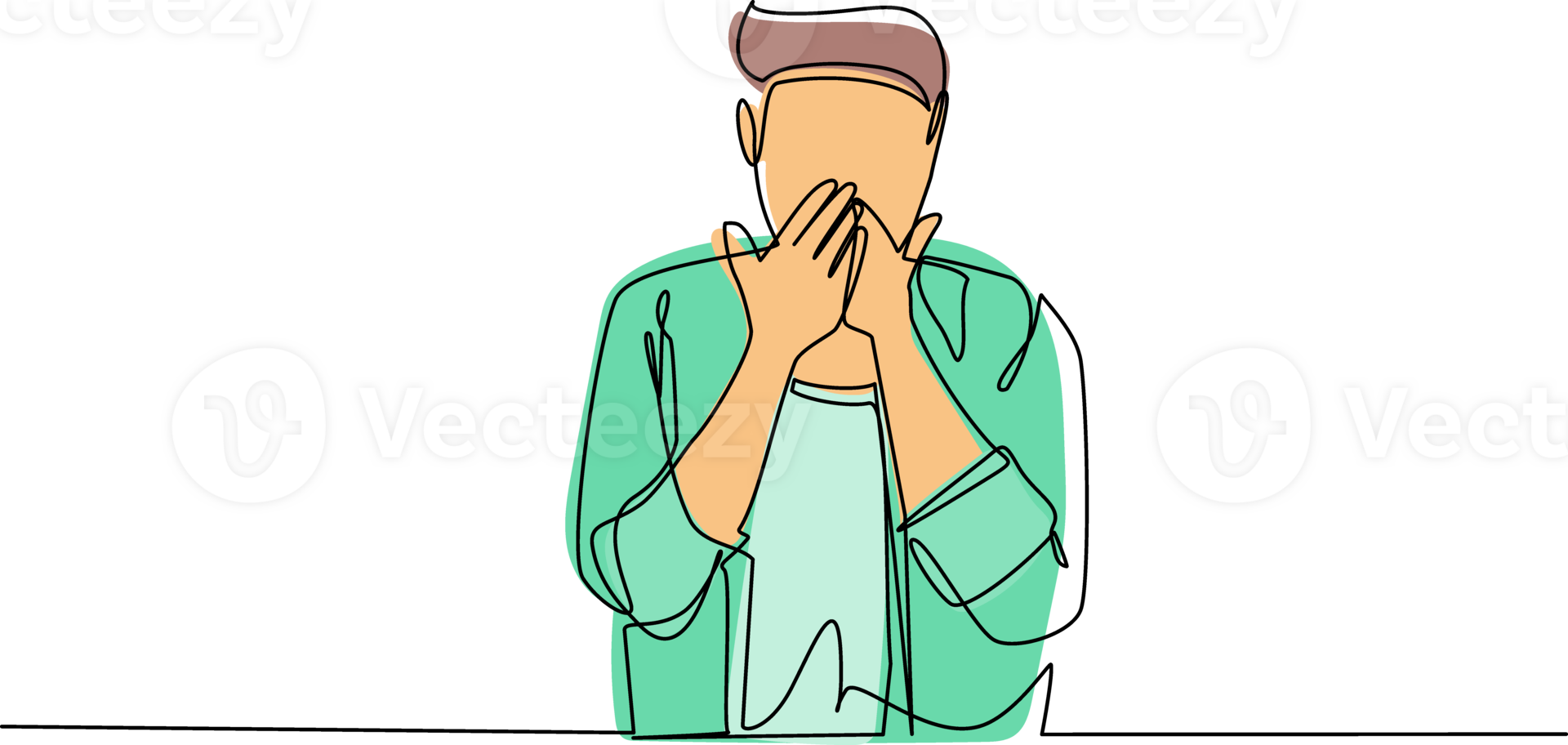 Continuous one line drawing man covering mouth with hands. Male mouth with hand shocked with shame for mistake, expression of fear, scared in silence, secret concept. Single line draw design png