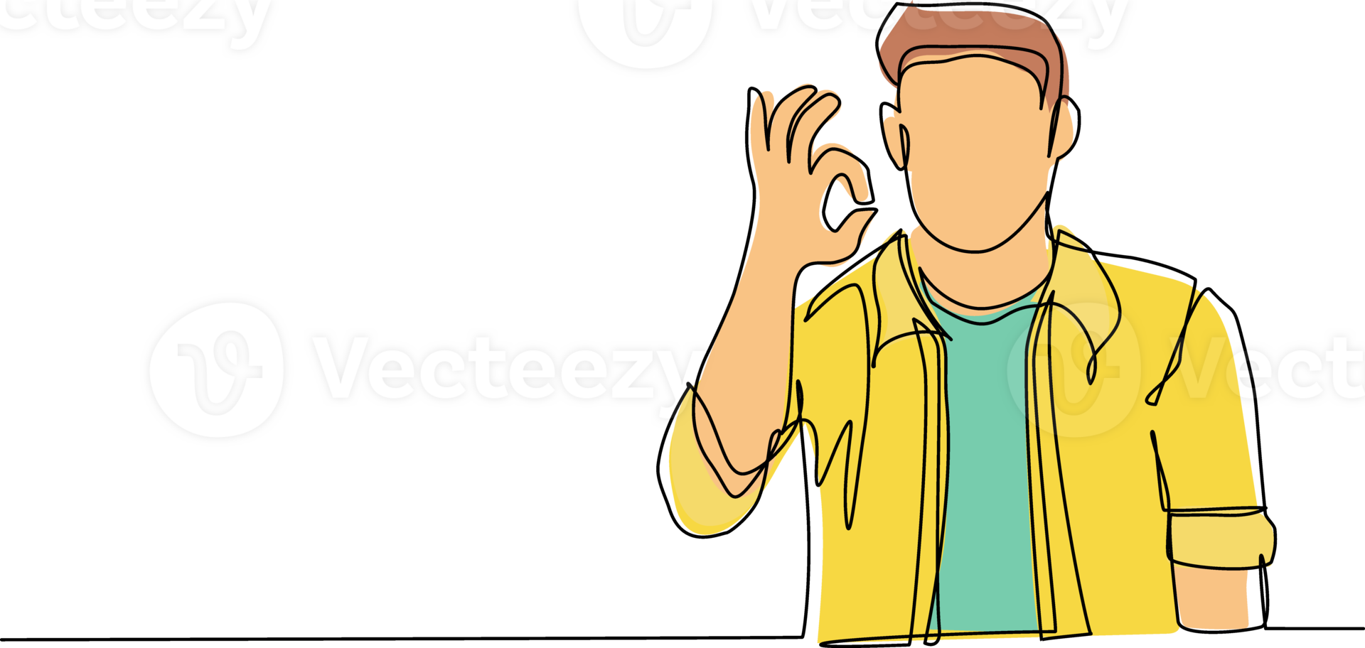 Continuous one line drawing man in casual clothes gesturing ok sign. Okay sign, gesture language concept. Smiling man standing showing ok sign with fingers. Single line draw design illustration png