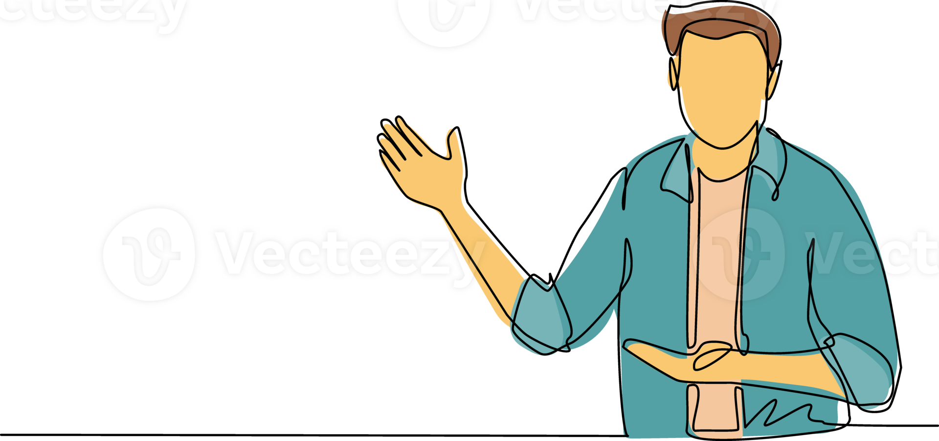 Single one line drawing handsome man in casual clothes presenting something. Young businessman showing something or presenting project. Modern continuous line draw design graphic illustration png