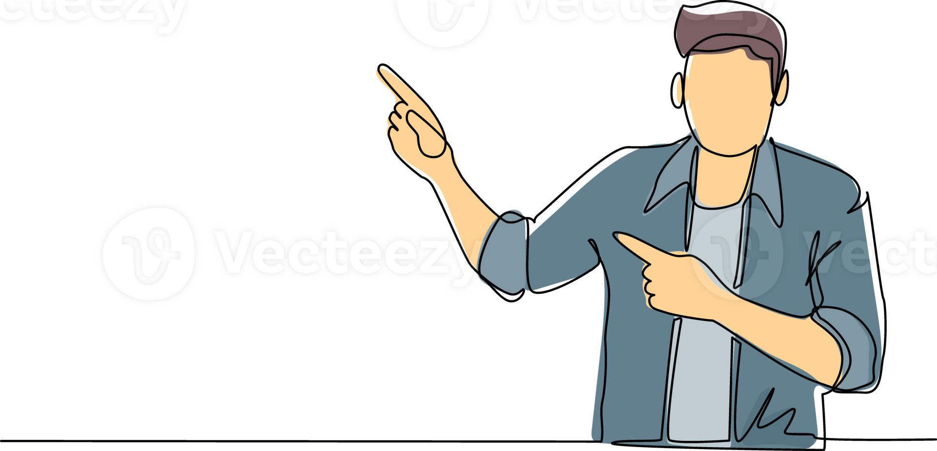 Single one line drawing young man pointing away hands together and showing or presenting something while standing and smiling. Emotion and body language. Continuous line draw design graphic png