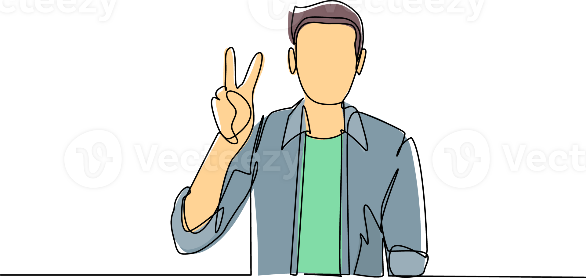 Continuous one line drawing smiling man is showing victory sign. Young businessman gesture success. Male doing victory sign. Sign of success and peace. Single line draw design illustration png