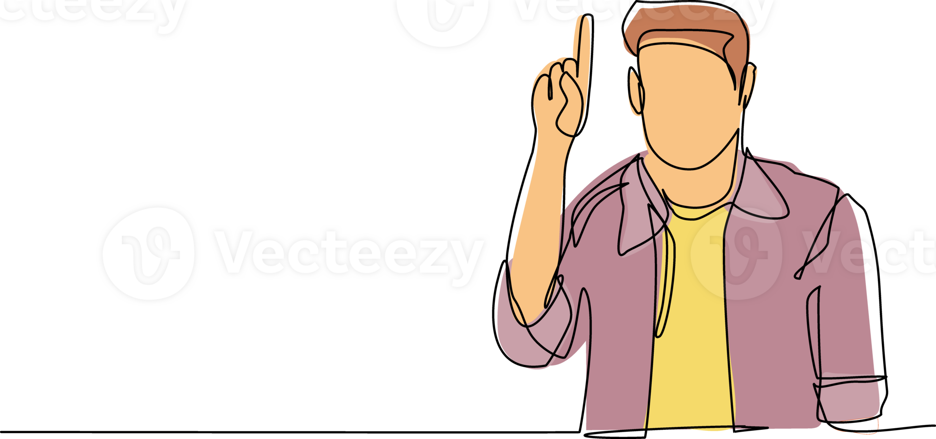 Single one line drawing young male pointing up finger while standing and smiling. Man pointing copy space. Emotion and body language concept. Continuous line draw design graphic illustration png
