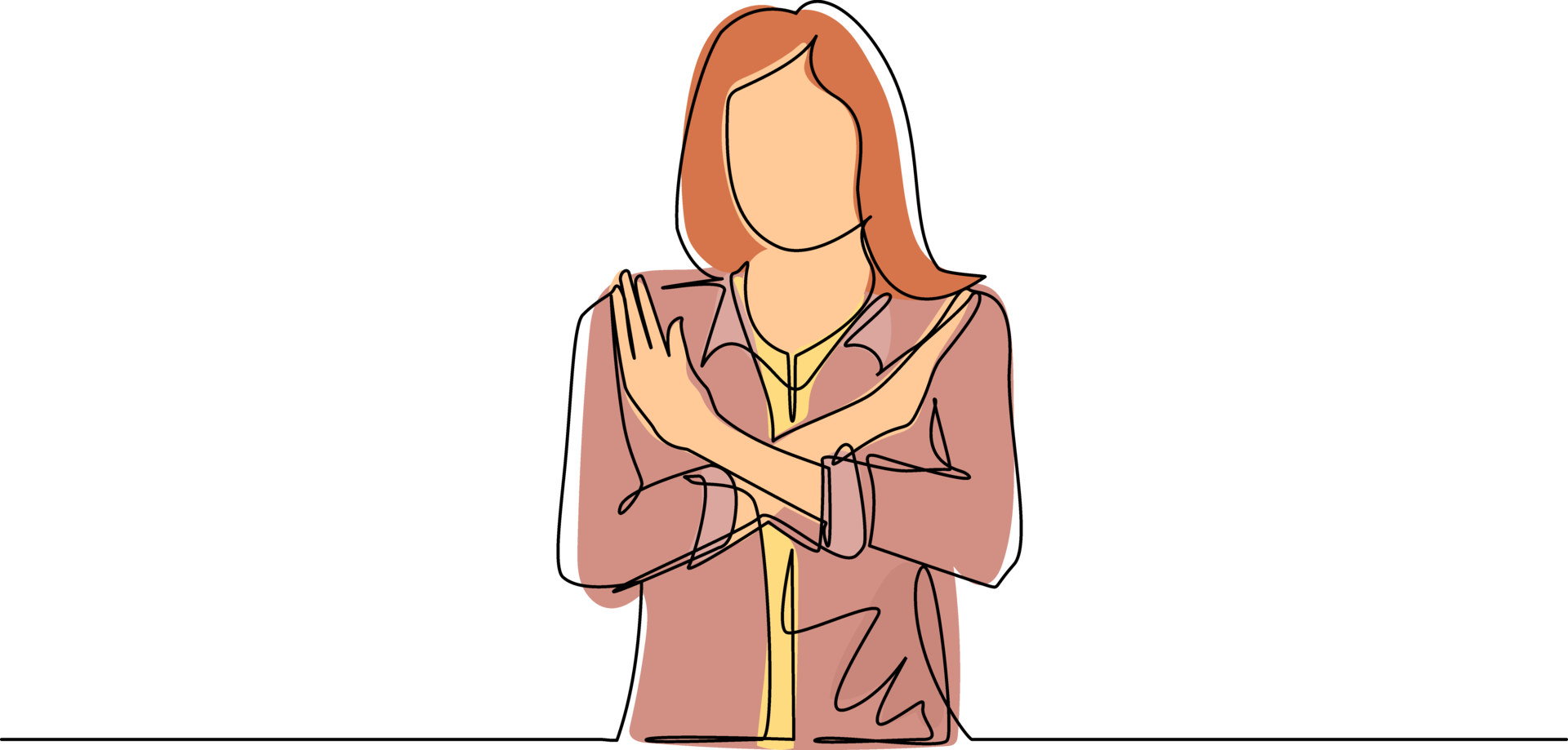 Single continuous line drawing young woman crossing arms and saying no