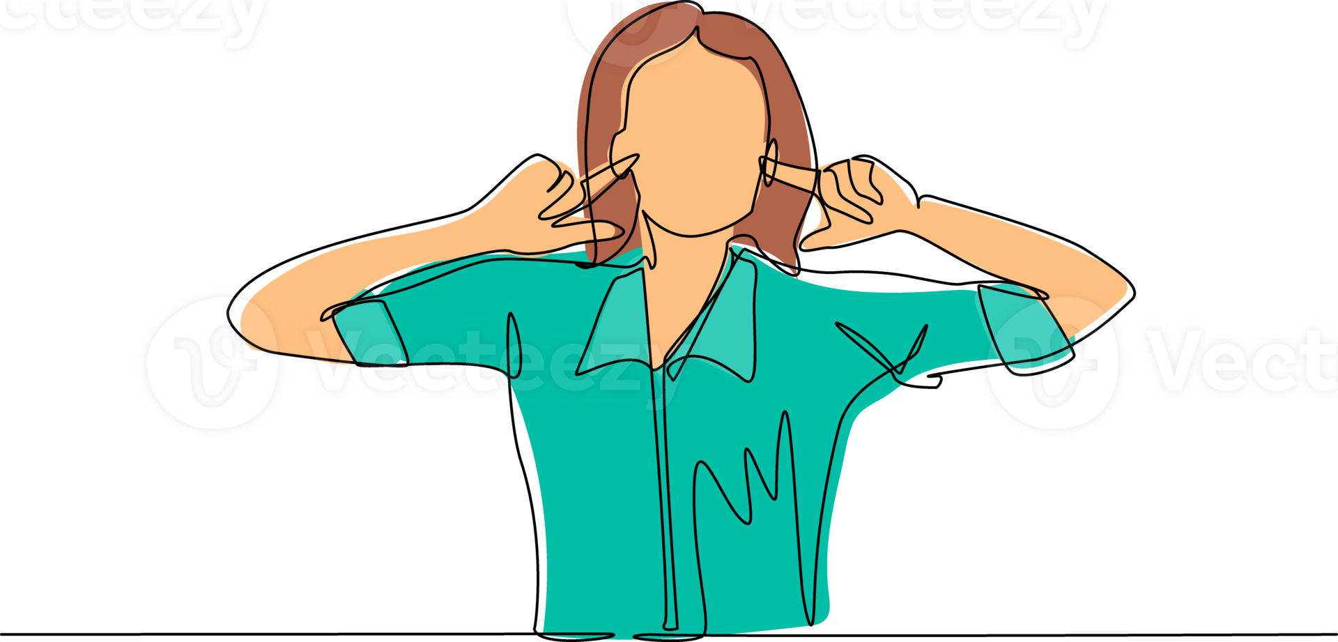 Single one line drawing woman covering ears with fingers with annoyed