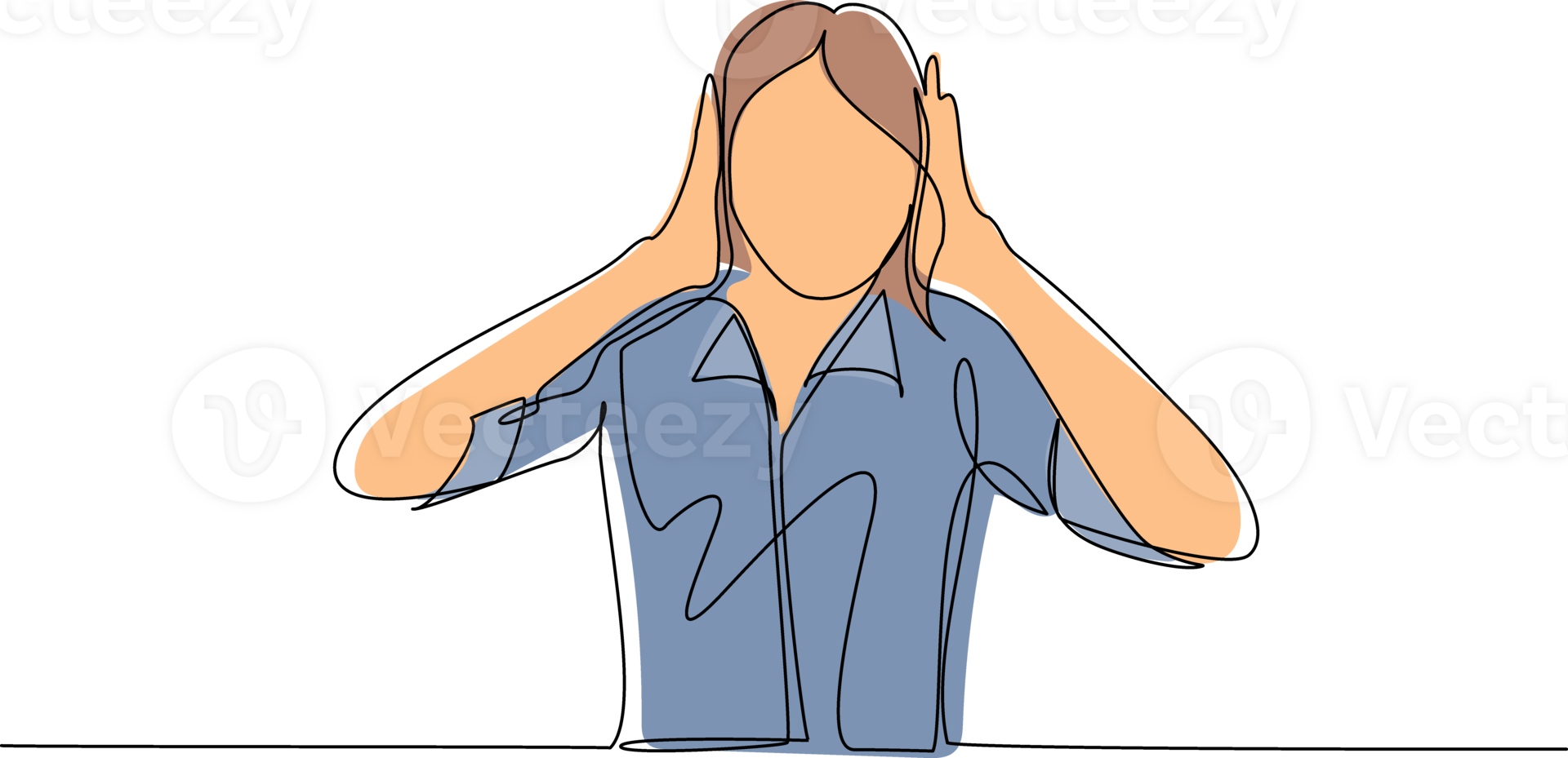 Continuous one line drawing woman covering or closing her ears with hands, making don't hear or listen gesture. Female does not want to hear or listen. Single line draw design illustration png