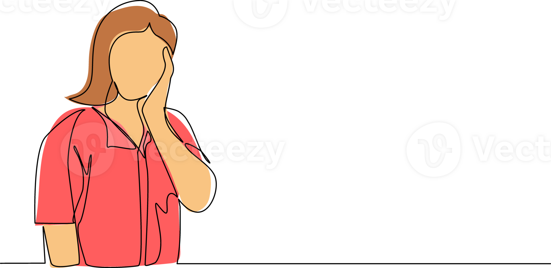 Continuous one line drawing young woman holding hand on cheek with crossed hand. Bored or tired person keeping hand on face. Female suffering from toothache. Single line draw design graphic png