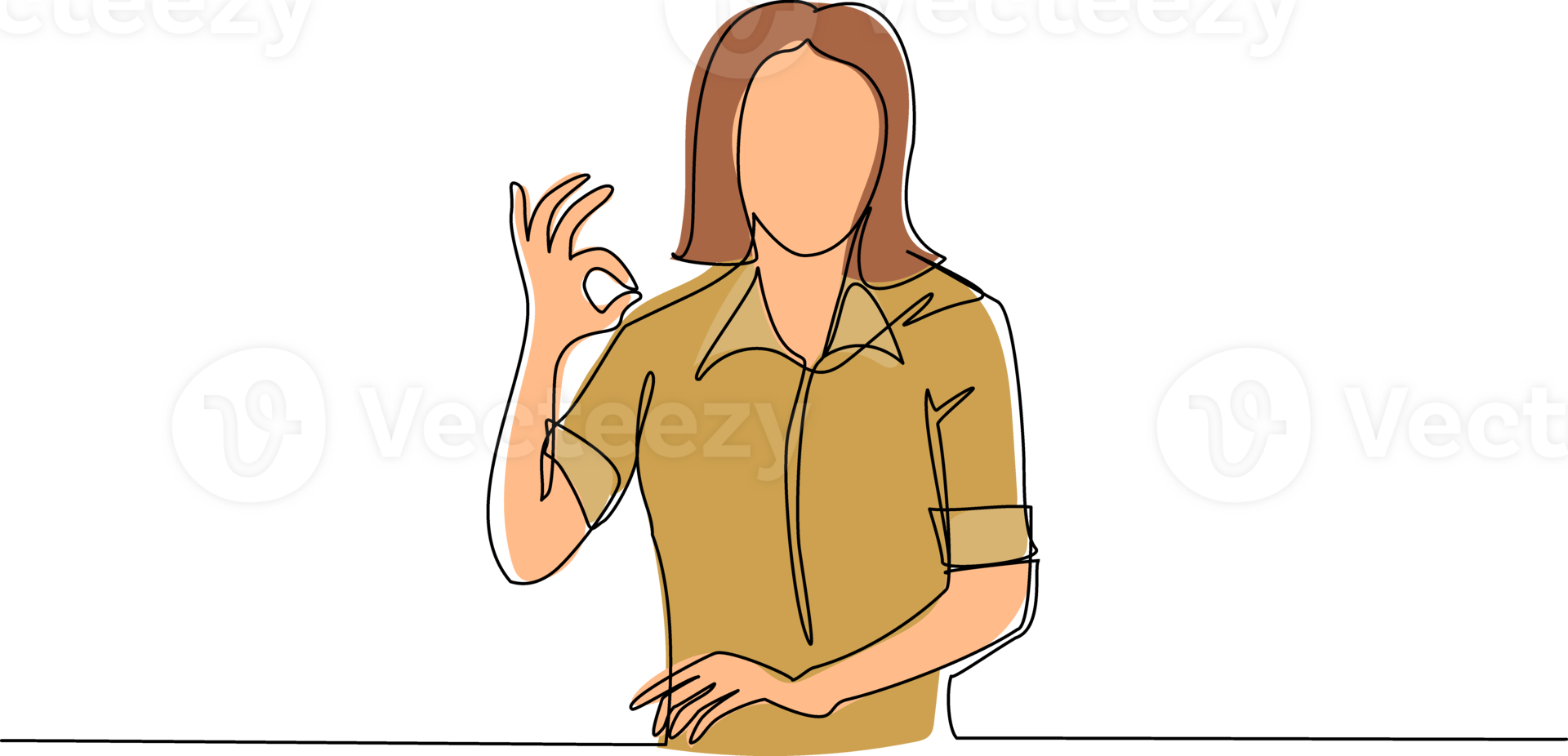 Single continuous line drawing woman in casual clothes gesturing ok sign. Okay sign, gesture language concept. Smiling female standing showing ok sign with fingers. One line draw graphic design png
