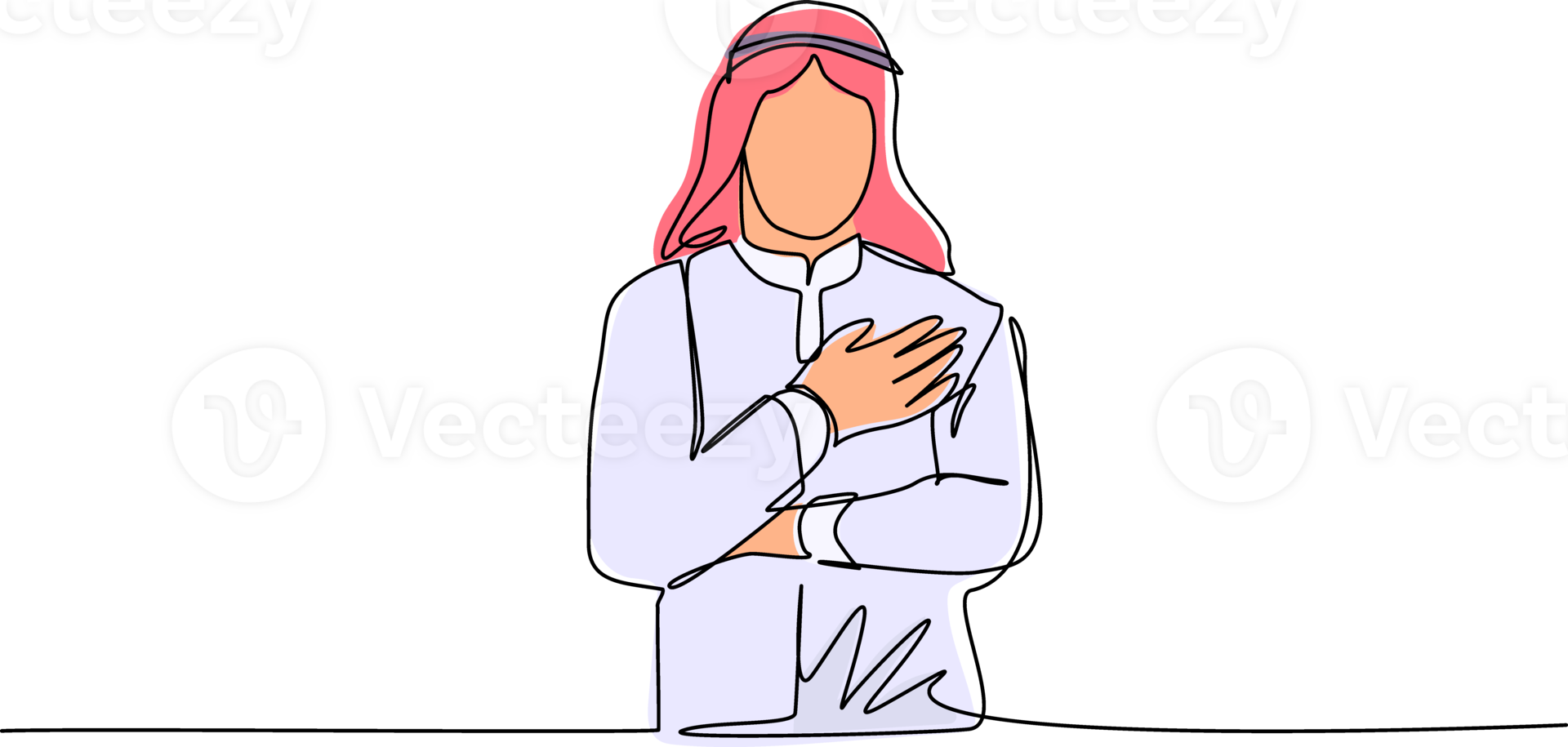 Single one line drawing young Arabian man keeping hands on chest. Smiling friendly male expressing gratitude. Emotion, body language concept. Continuous line draw design graphic illustration png