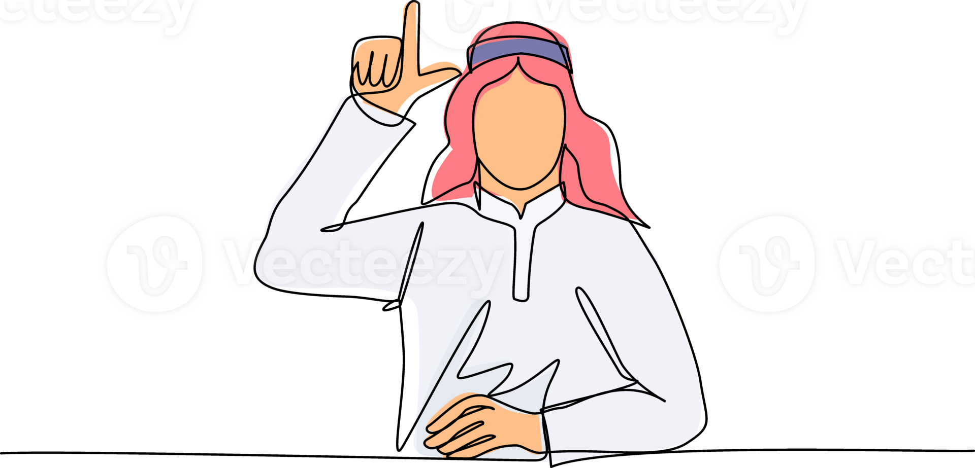 Single one line drawing unhappy Arabian man showing loser sign on forehead with fingers. Stressed trendy person gesturing hand over head. Male making 'L' symbol. Continuous line draw design png