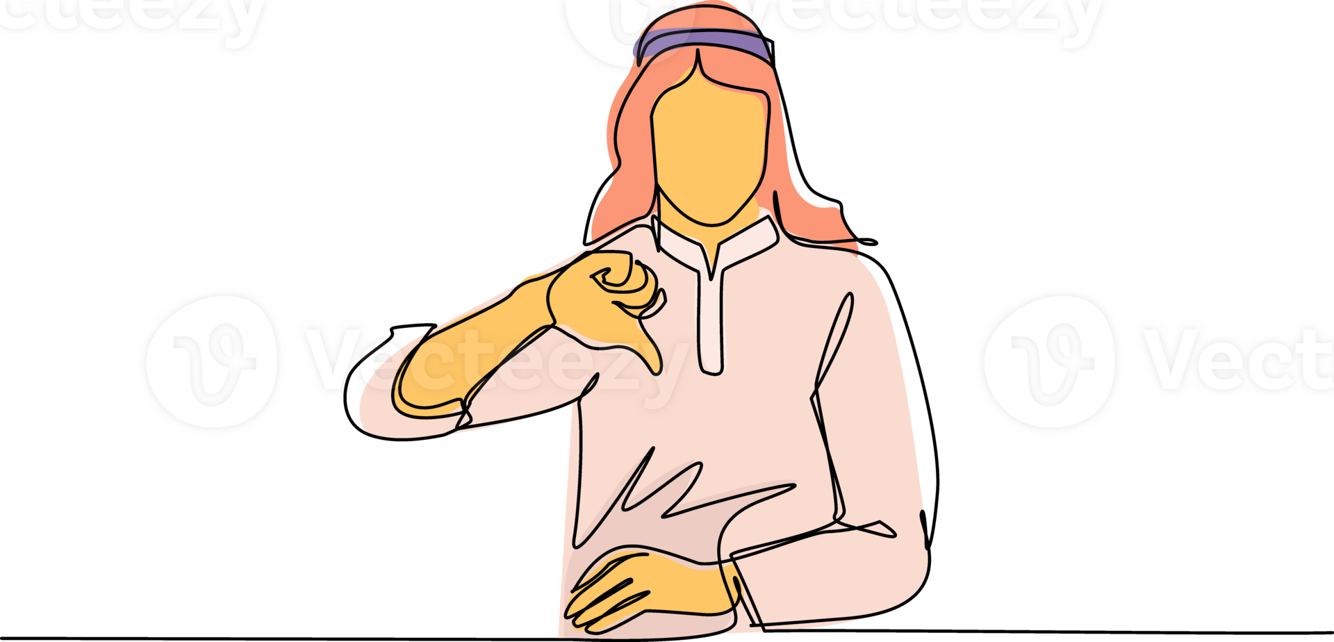 Single continuous line drawing unhappy young Arabian man showing thumbs down sign gesture. Dislike, disagree, disappointment, disapprove, no deal. Emotion, body language. One line draw design png