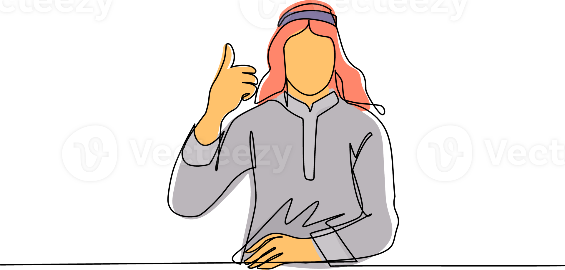 Single one line drawing confident Arab businessman thumbs up. Excited male dressed in traditional clothes showing thumbs up sign. Deal, like, agree, approve, accept. Continuous line draw design png