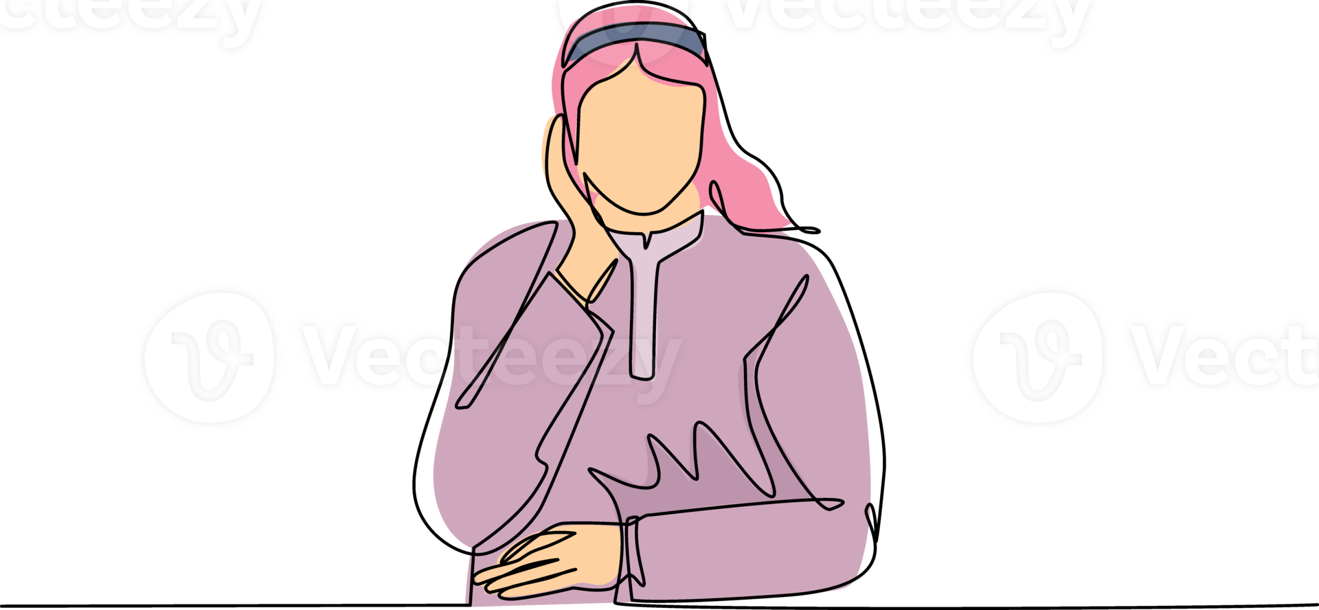 Continuous one line drawing young Arabian man holding hand on cheek with crossed hand. Bored or tired person keeping hand on face. Male suffering from toothache. Single line draw design graphic png