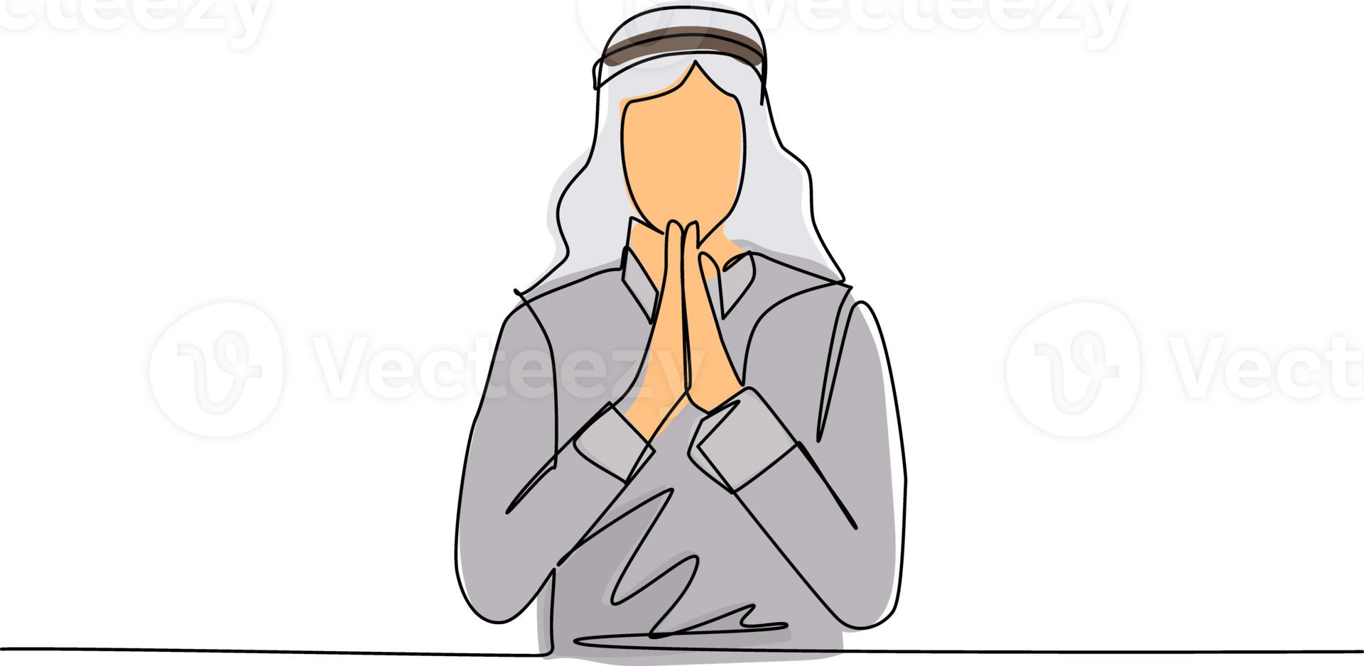 Single continuous line drawing Arabian businessman apologize, begging to client with hands together with hope expression on face very emotional and worried. One line draw design illustration png