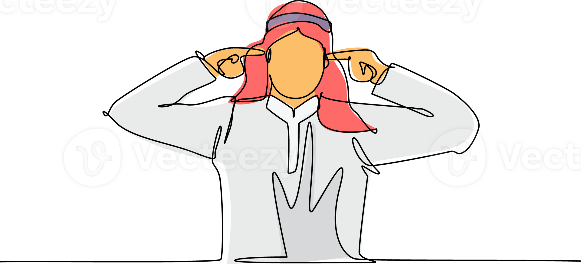Single one line drawing young Arabian man covering ears with fingers with annoyed expression for noise of loud sound or music while eyes closed. Continuous line draw design graphic illustration png
