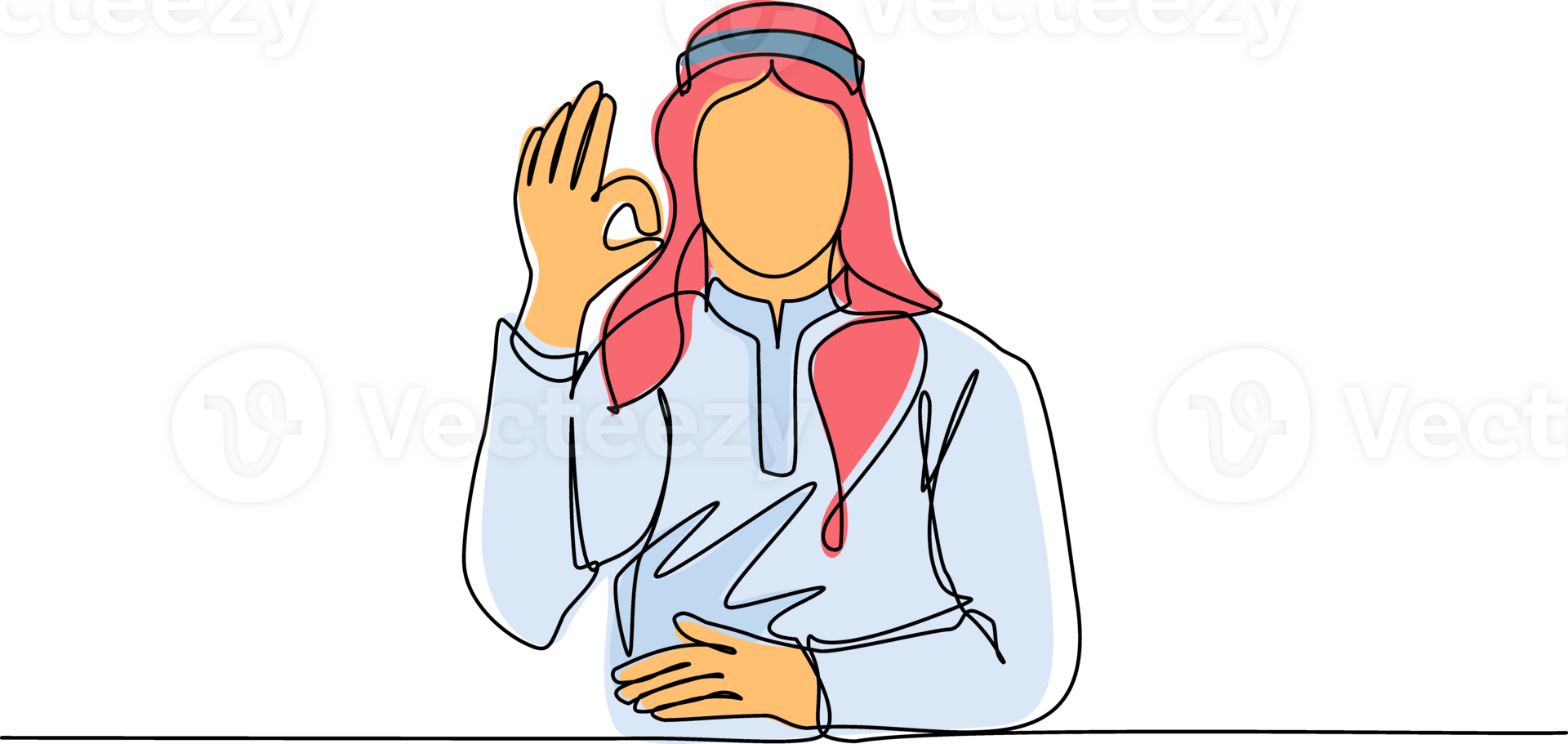 Continuous one line drawing Arabic man in traditional clothes gesturing ok sign. Okay sign, gesture language concept. Smiling male standing showing ok sign with fingers. Single line draw design png